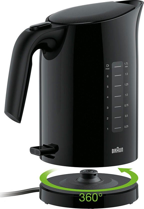Braun Wasserkocher PurEase WK 3100 BK - 1,7 L, Schnellkochsystem, Anti-Kalk Filter, 1,7 l, 2200 W, 2.200 W, Kocht 200 ml in 45 Sek., 360 Grad Heitzsockel
