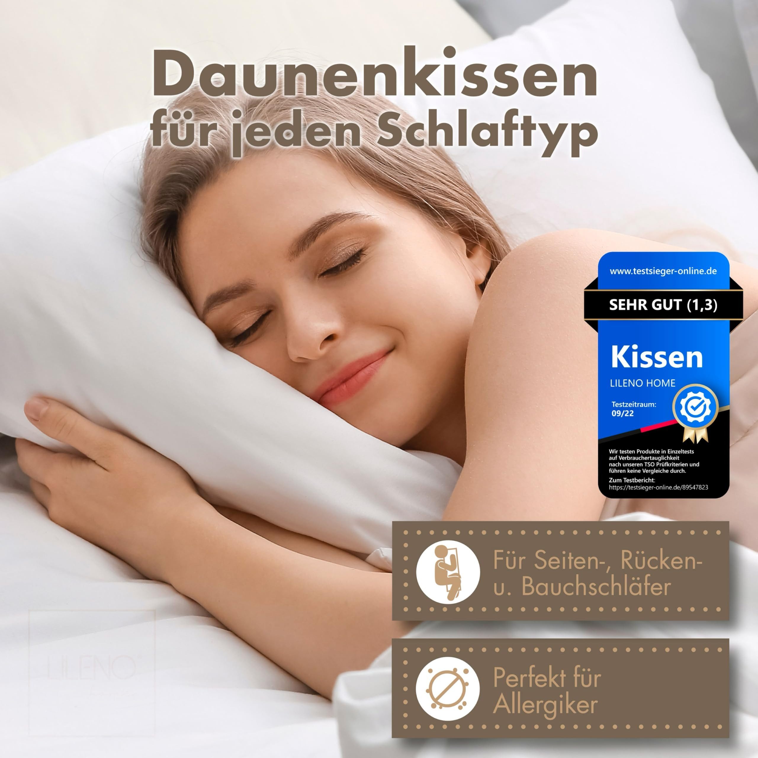 LILENO HOME 3-Kammer-Kopfkissen - Daunenkissen 40x80 & Daunenkissen 80x80 - langlebiges Baumwollkissen, Füllung: Außenkammern: 90% Daunen, 10% Federn; Innenkammer: 100% Entenfedern, Bezug: Baumwolle, Rückenschläfer, Seitenschläfer, Bauchschläfer, Spar-Set, 1er Set, Kopfkissen 40x80 cm mit Daunen und Federfüllung - Allergiker geeignet