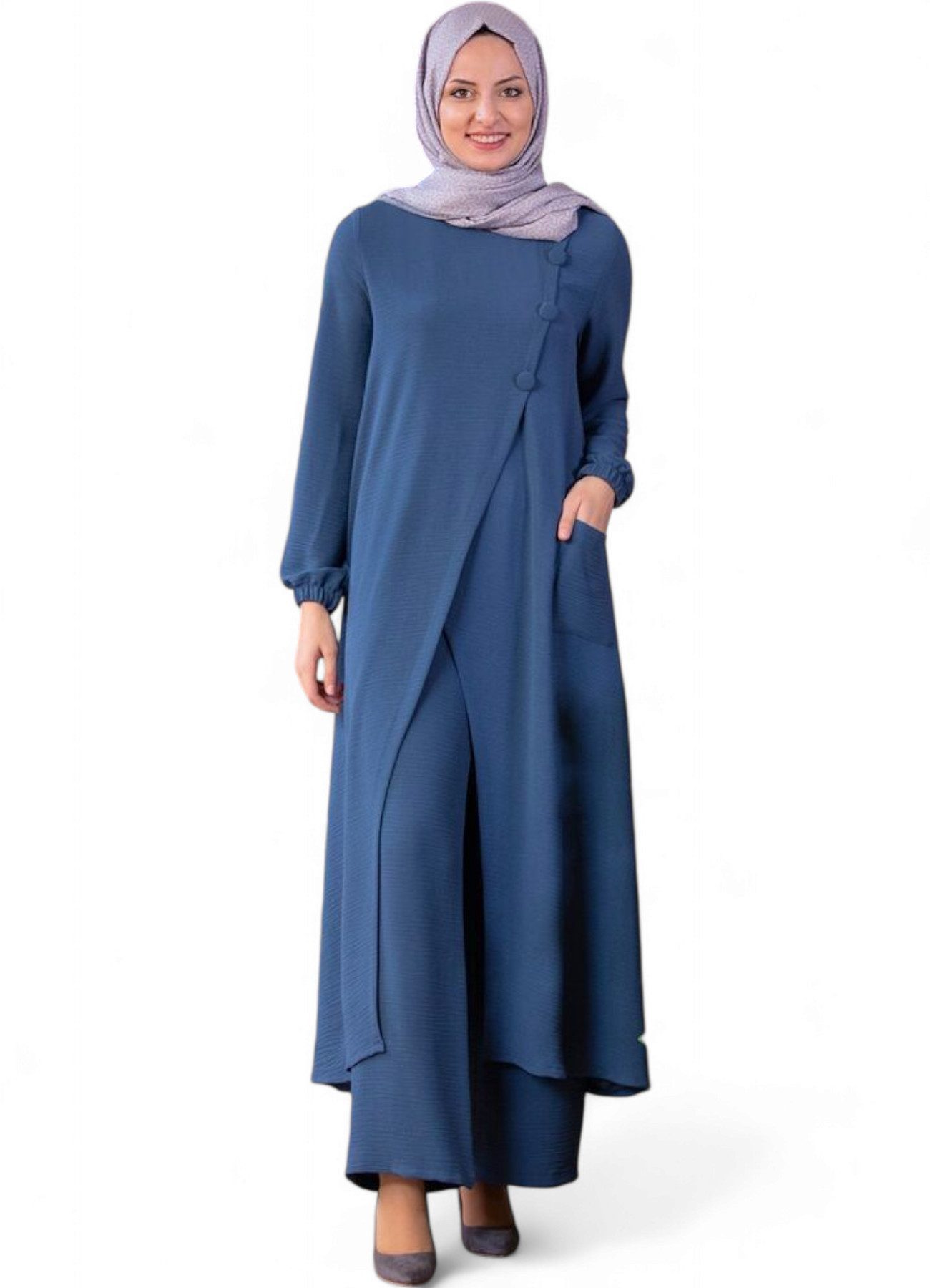 Modavitrini Longtunika Eleganter Damen Zweiteiler mit weiter Hose – Hijab Modest Fashion (Zweiteiliges Set – Longtunika und Hose) dekorative Knöpfe, weites Hosenbein