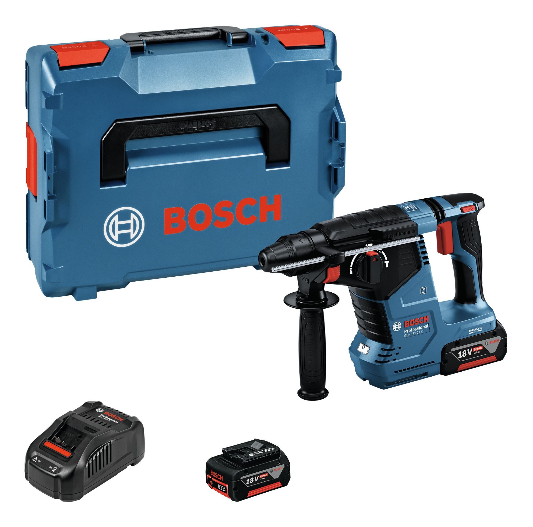 BOSCH Akku-Kombibohrhammer GBH 18V-24 C, 18 V, max. 980 U/min, Bohrhammer mit SDS plus mit 2x Akku 5 Ah - in L-BOXX 136