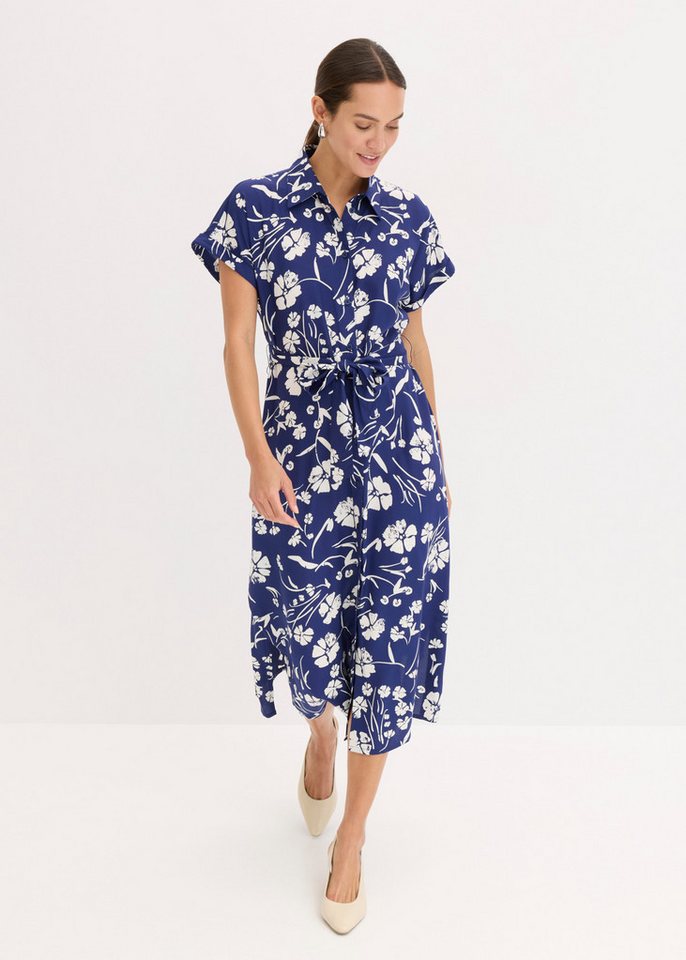 bonprix Blusenkleid feminin geschnitten, mit Hemdblusenkragen, Kurzarm, mit Bindeband