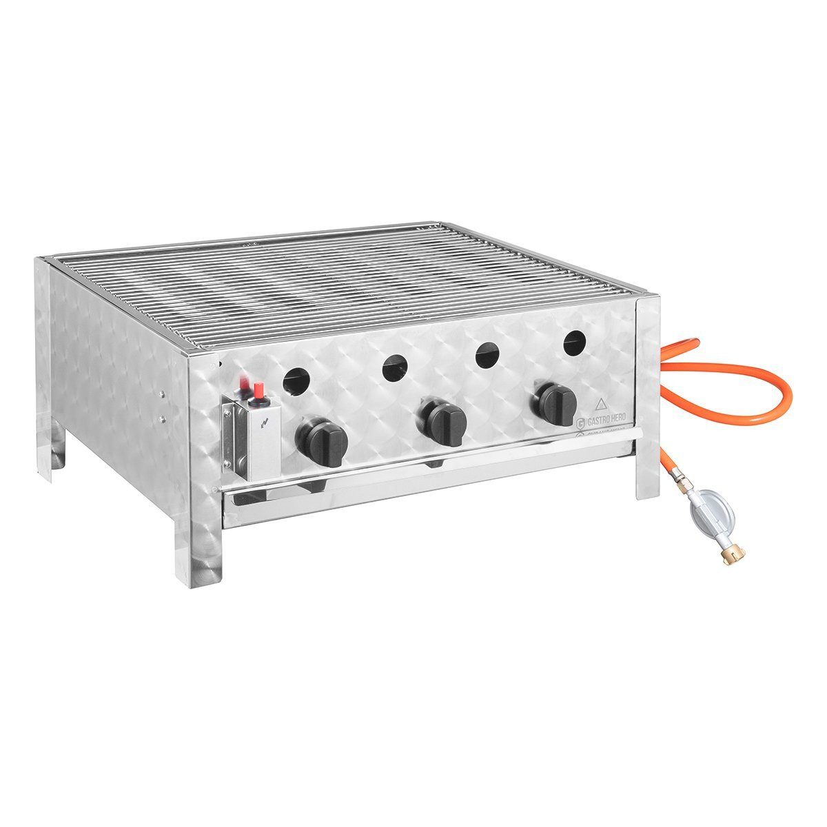 GastroHero Gasgrill Tischbräter - 3 Brenner 10 kW, 65x57x27 cm Tischgrill Gas Grill Event, Piezozündung, Grillfläche: 63x50 cm, inkl. Gitter und Fettwanne