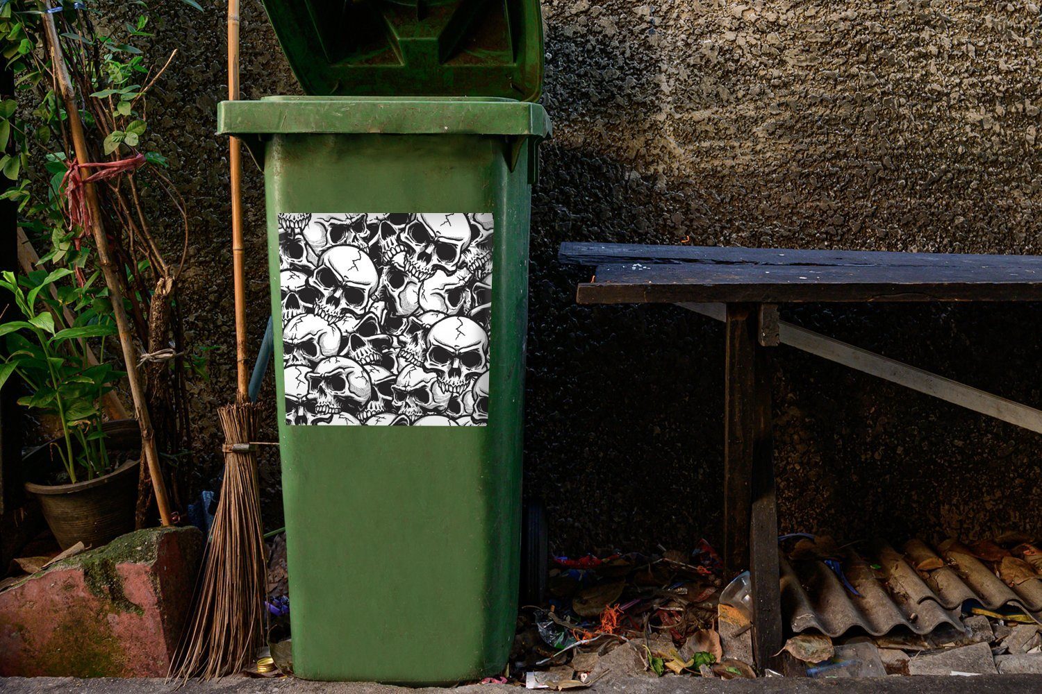 MuchoWow Wandsticker Container, Mülltonne, Musterillustration (1 Eine St), Mülleimer-aufkleber, Abfalbehälter Totenköpfen von Sticker