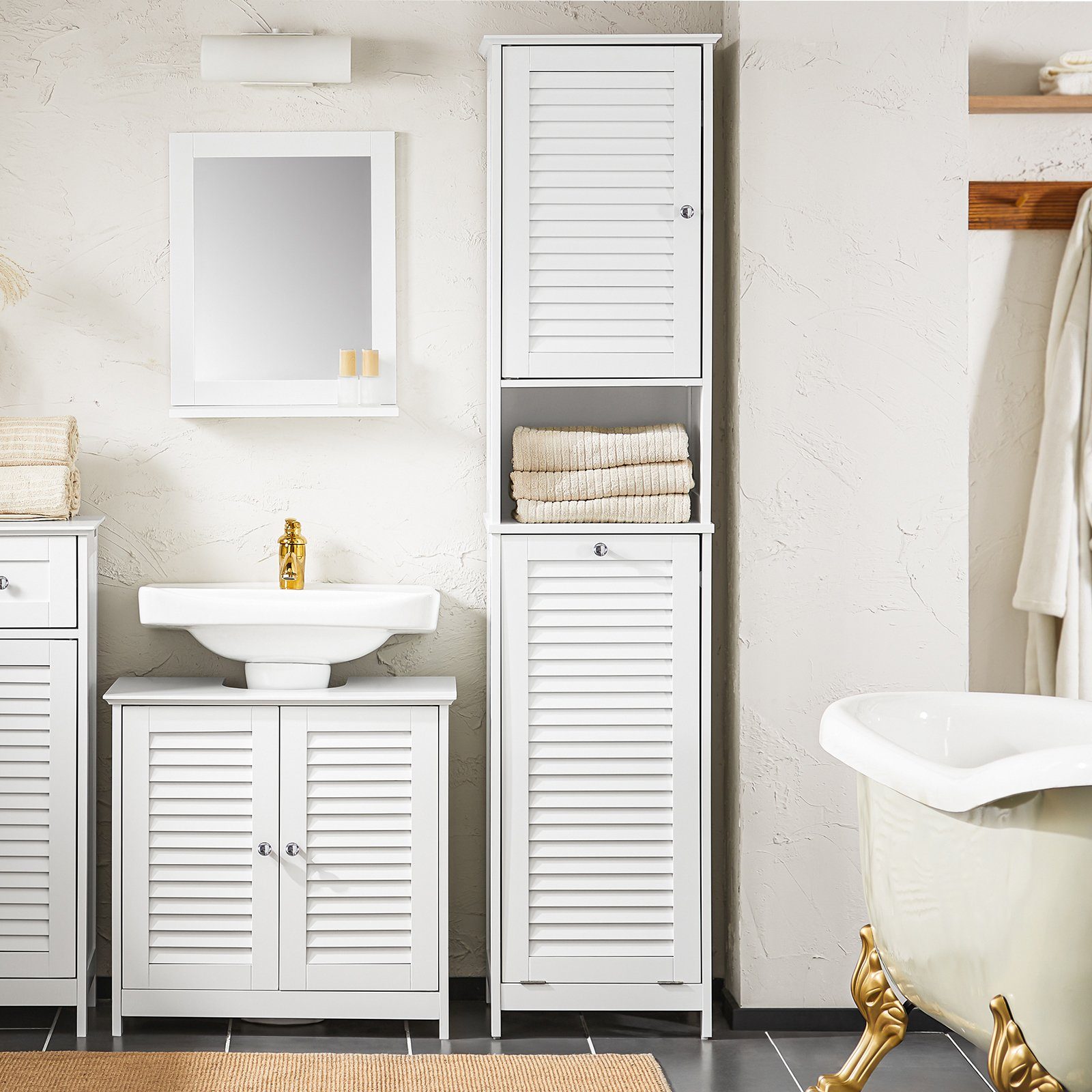 SoBuy Hochschrank BZR124, Badschrank schmal, Badschrank mit Regal, Badezimmer Schrank Badezimmerschrank mit Wäschesack Wäscheschrank Badezimmermöbel – Bild 5 von 5