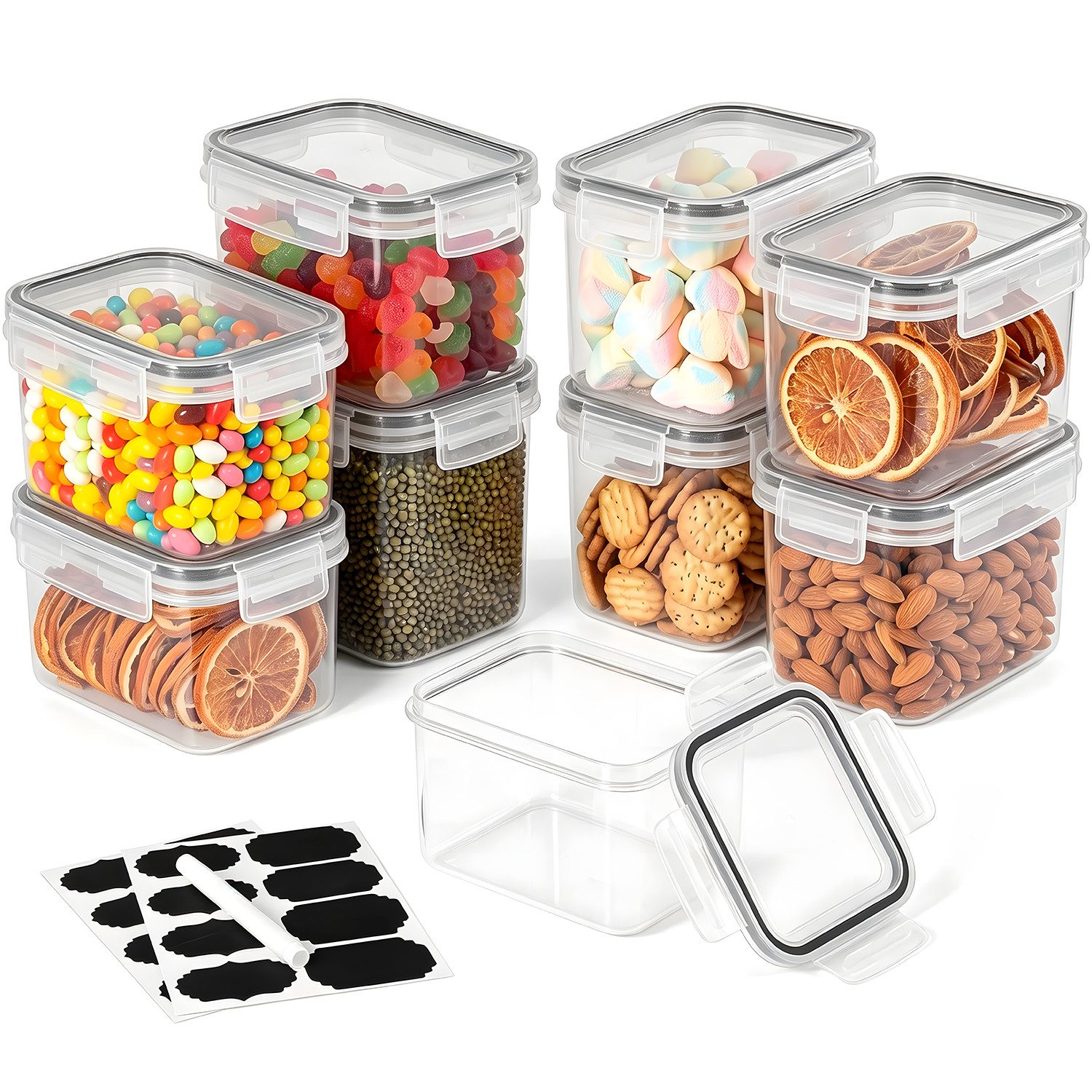 HEYHIPPO Vorratsdose 8er Set Vorratsdosen 800 ml – luftdicht, BPA-frei, spülmaschinenfest, (Spar-Set, Vorratsbehälter–luftdichter organizer, transparent, leicht zu reinigen), Aufbewahrungsboxen – mit Deckel & Etiketten, 15.5 x 10.5 x 9.5 cm