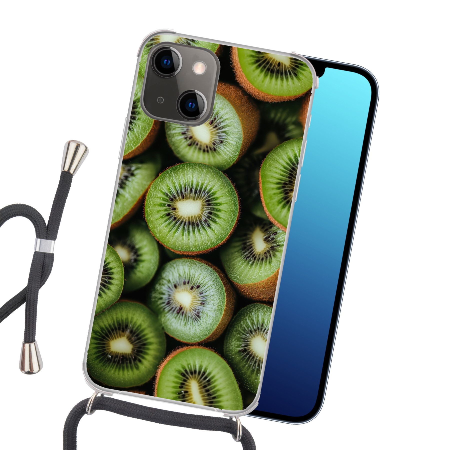 MuchoWow Handyhülle für Apple iPhone 13 Kiwi - Obst - Grün, Tragbare Handyhüllen mit Kette zum umhängen, Handykette Handyband