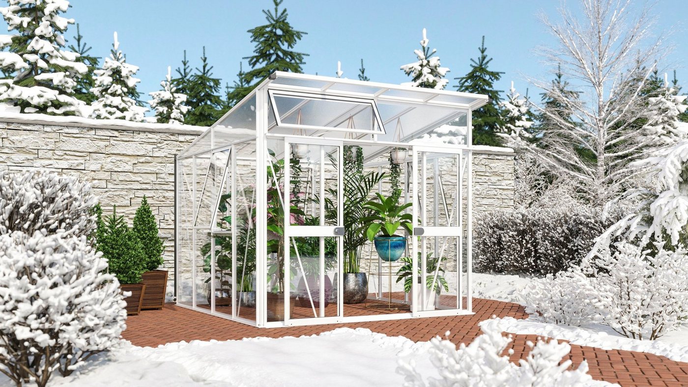 Vitavia Gewächshaus Aura 7800, BxTxH: 267 x 295 x 242,3 cm, 3 mm Wandstärke, Alu-Profile, 3 mm Sicherheitsglas, Dach 10 mm Hohlkammerplatten weiß Vitavia Gewächshaus Aura 7800, BxTxH: 267 x 295 x 242,3 cm, 3 mm Wandstärke, Alu-Profile, 3 mm Sicherheitsglas, Dach 10 mm Hohlkammerplatten weiß