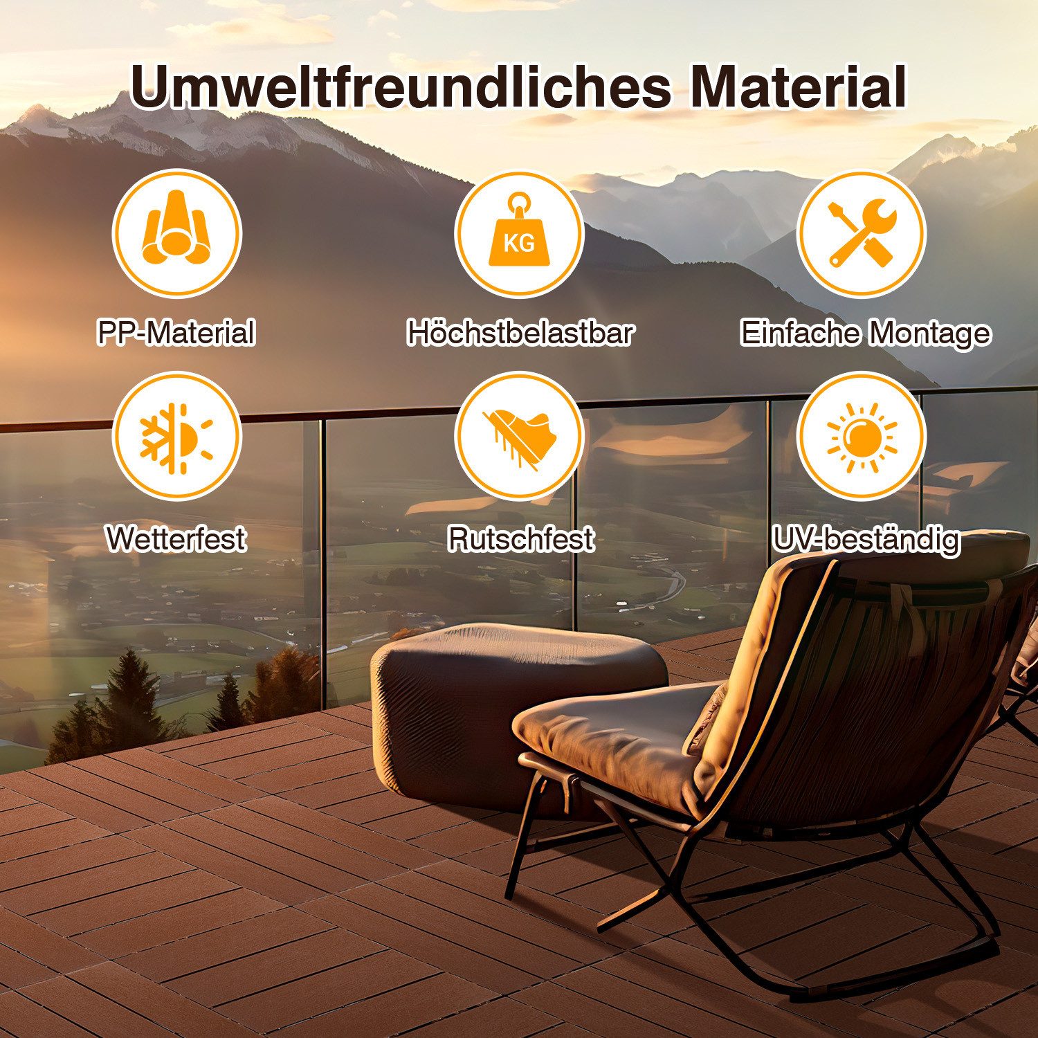 Clanmacy Terrassenplatte 66Stk. Terrassenfliesen Kunststoff-Fliesen Klickfliesen 30x30cm Braun, Kunststoff 30x30
