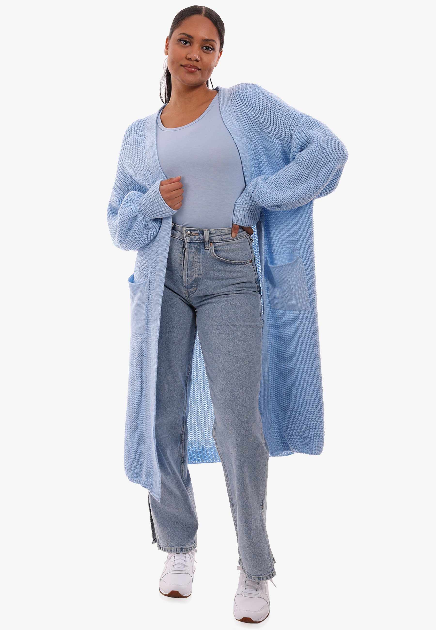 Fashion Cardigan & aufgesetzten Basic Taschen Cardigan mit in Unifarbe, Strickjacke Verschlusslos Style blau YC