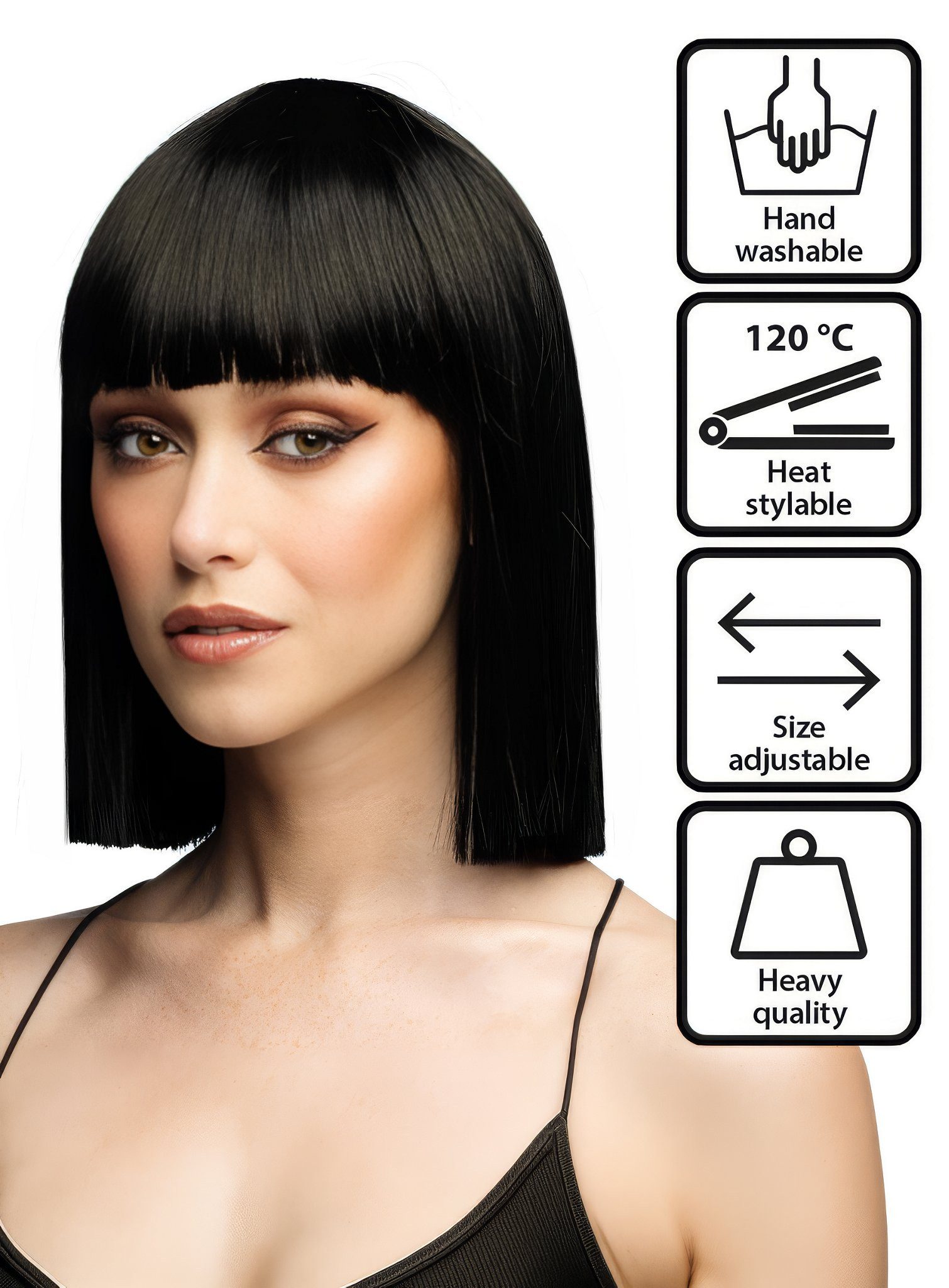 Boland Kostüm-Perücke Blunt Bob mit Pony Perücke schwarz, Hochwertige Perücke mit glatter Kurzhaarfrisur