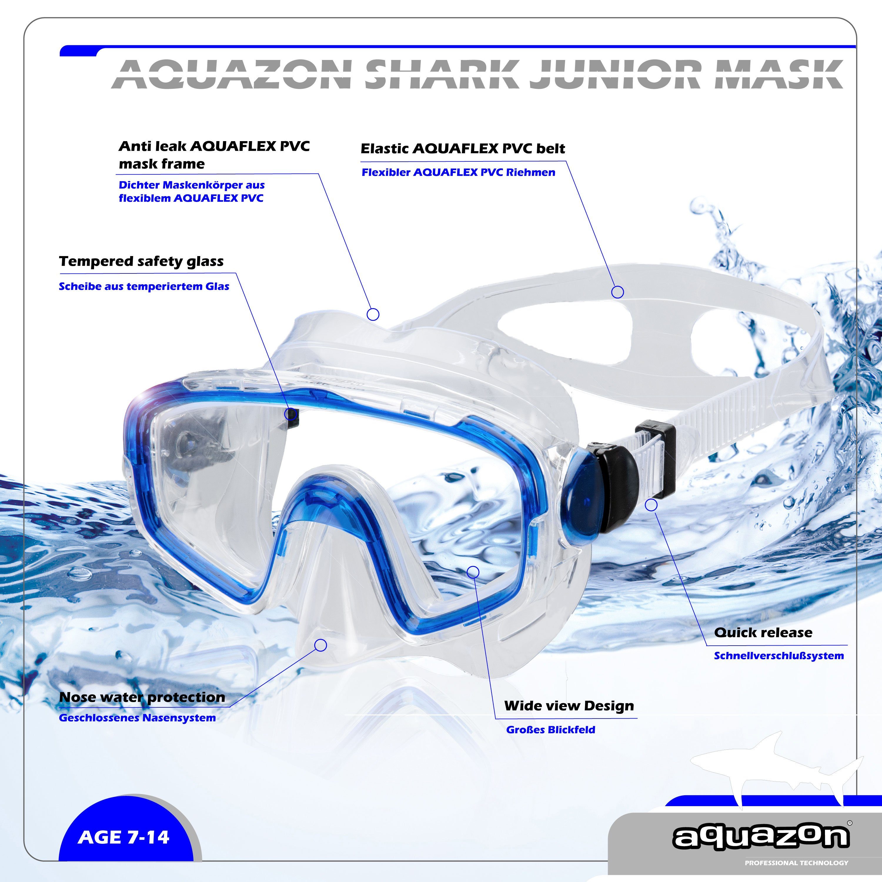 Taucherbrille SHARK, Schnorchelbrille blau AQUAZON 7-12 für Jahre Kinder transparent