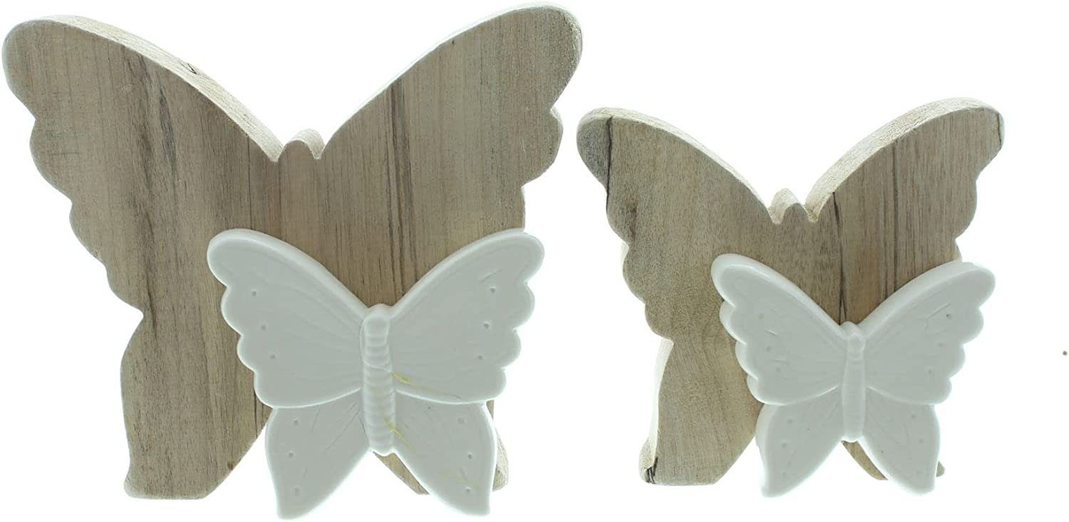 Dekoleidenschaft Set), glänzend, Frühlingsdeko weiß Dekofigur St., Holzdeko (2 Porzellan im aus Dekofigur, Holz & Schmetterlinge