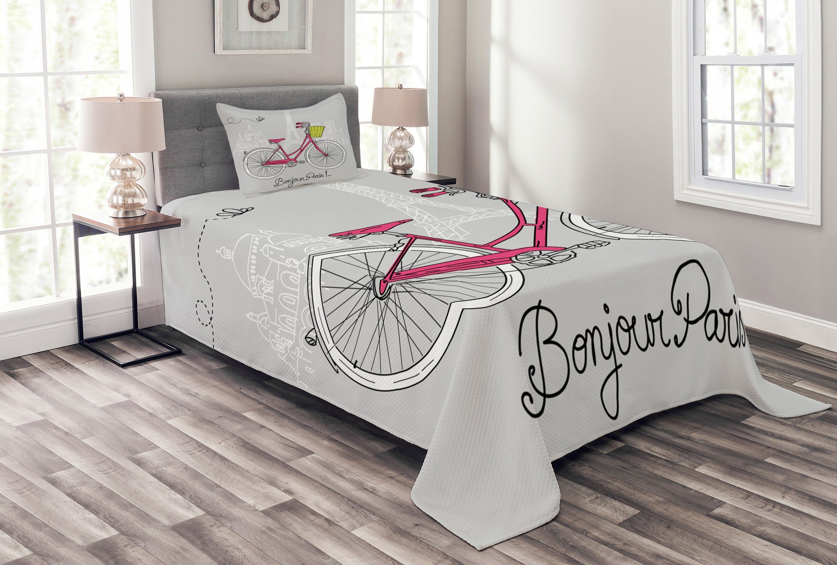 Tagesdecke Set mit Kissenbezügen Waschbar, Abakuhaus, Eiffelturm Bonjour Paris Fahrrad