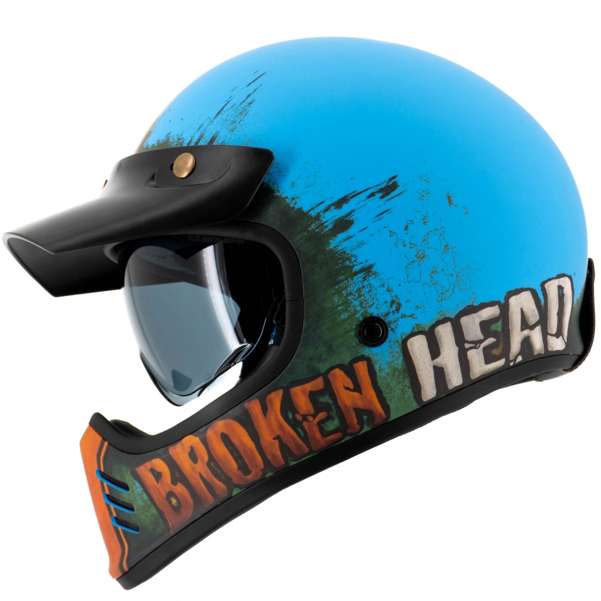 Broken Head Motocrosshelm Rusty Rider Blau-Orange, Old-School Optik