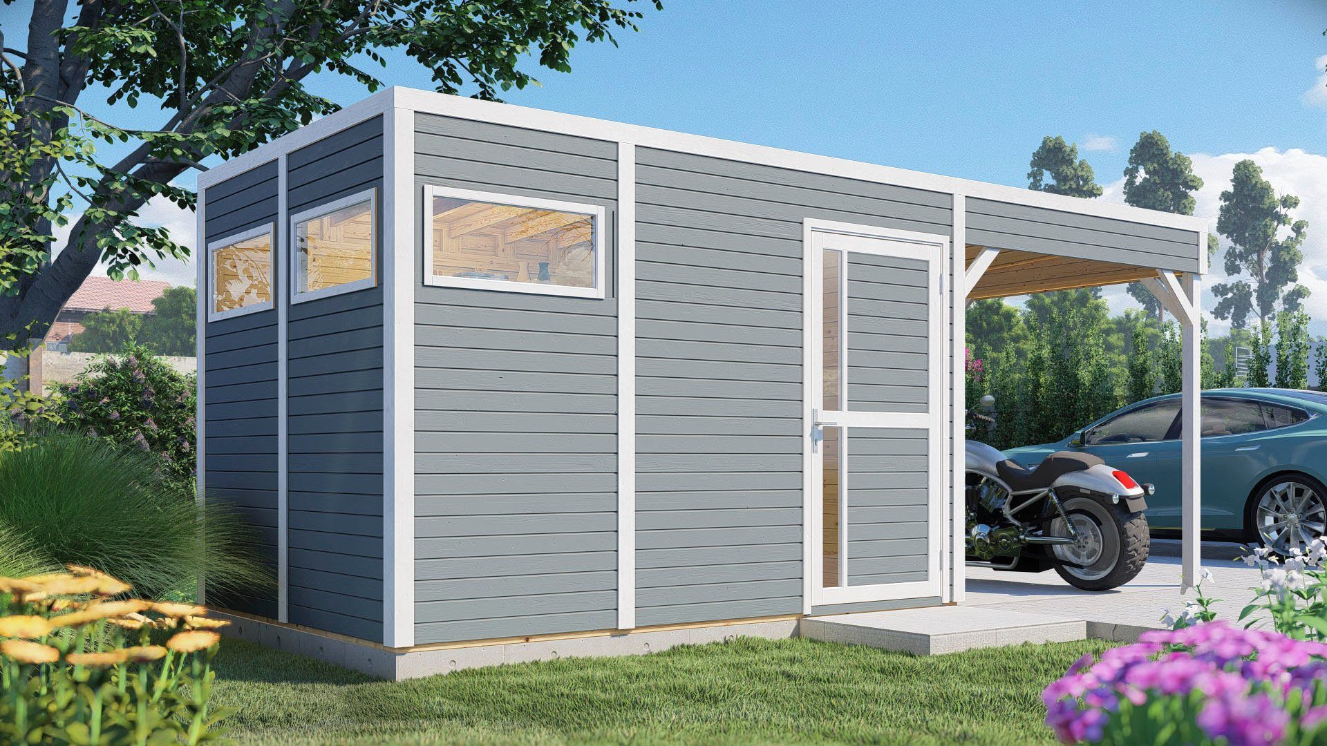 KONIFERA Gartenhaus Cubus 3 Lounge, BxT: 558x240 cm, mit Anbaudach