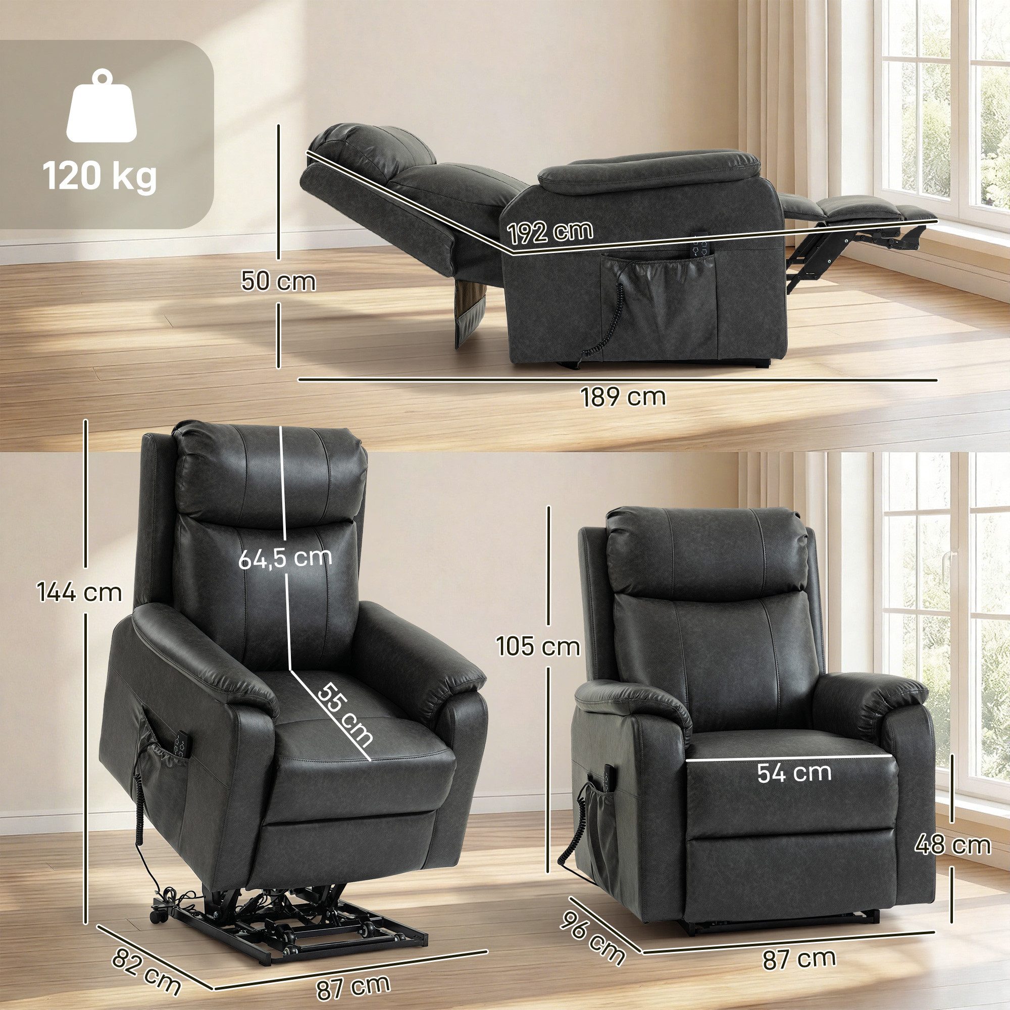 HOMCOM Relaxsessel Fernsehsessel, Doppelmotor, TV-Sessel mit Fernbedienung, Rollen (Ruhesessel, 1-St., Gepolsterter TV-Sessel), Mit Aufstehhilfe, elektrisch verstellbar, Zero-Gravity-Position
