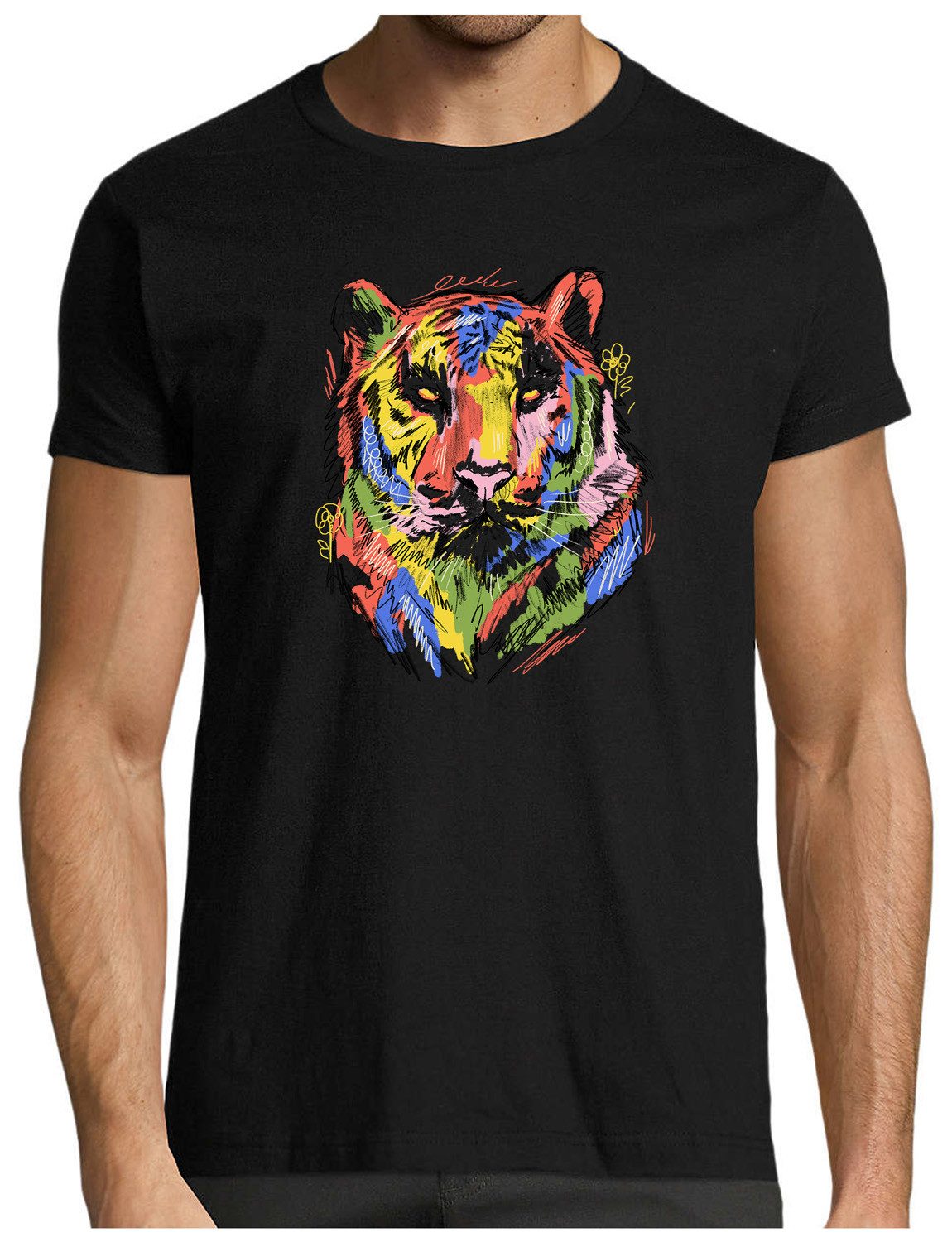T-Shirt Herren Print Shirt - Farbenfroher Tigerkopf Brustprint