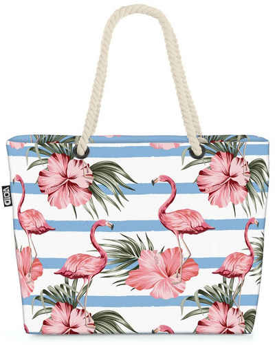 VOID Strandtasche (1-tlg), Flamingos maritim Hibiskus Beach Bag Palmen Blumen-Muster Floral Ost-See Nord