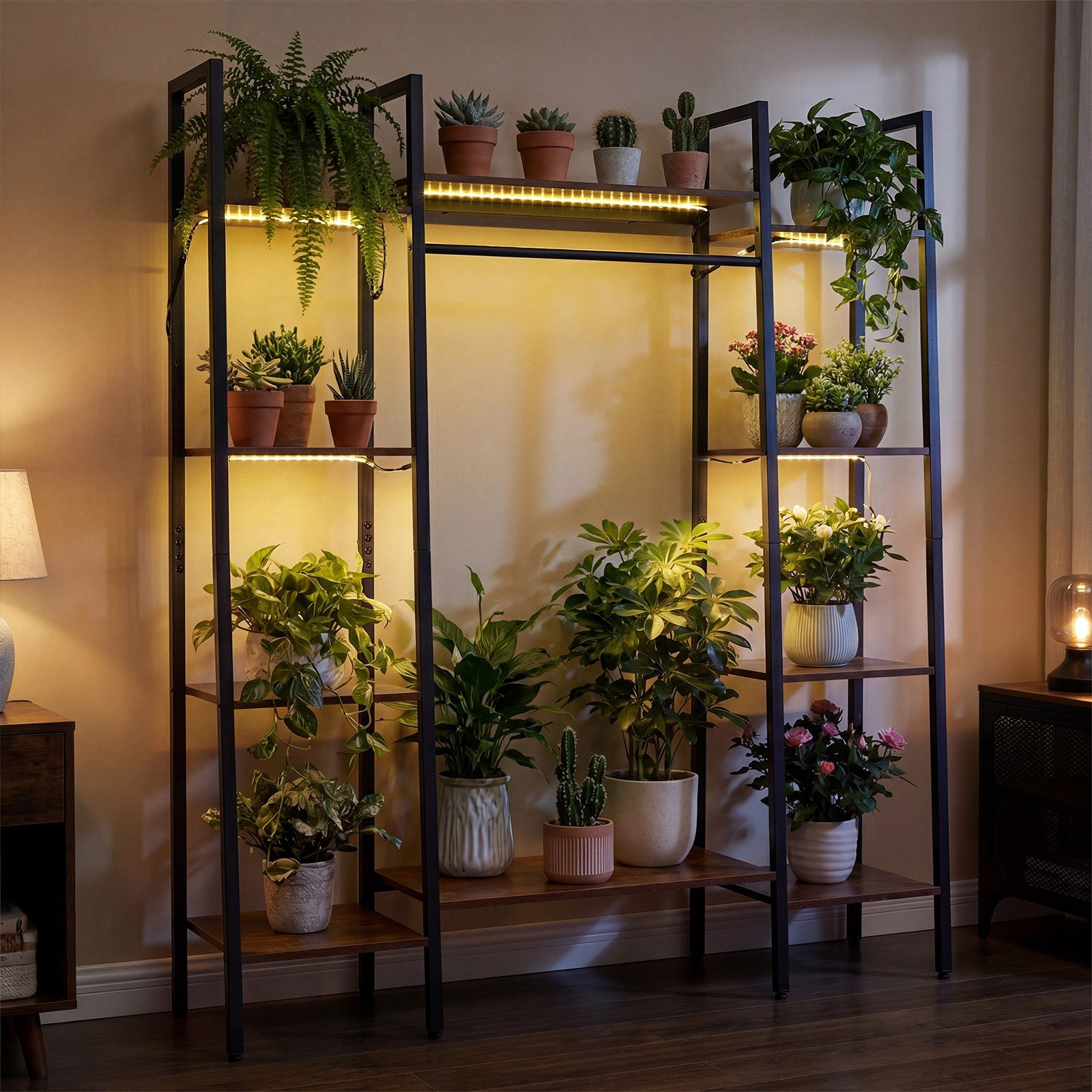 COSTWAY Blumenständer, Holz & Metall, mit Licht Pflanzenständer Balkon 10 Ebenen