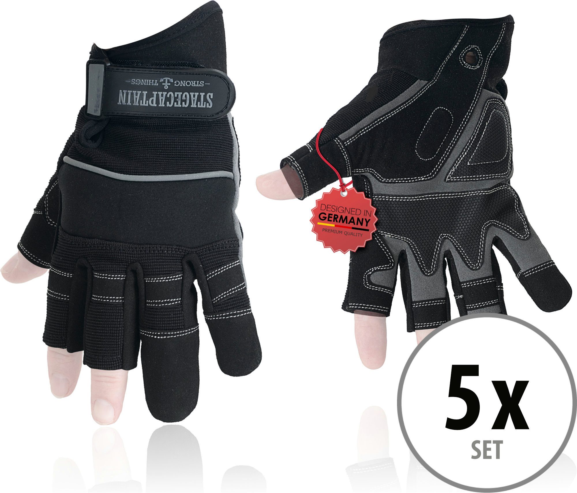 Stagecaptain Arbeitshandschuh-Set Rigger Handschuhe mit 3 kurzen Fingern - Größe XL (5-St) Innenfläche aus Kunstleder