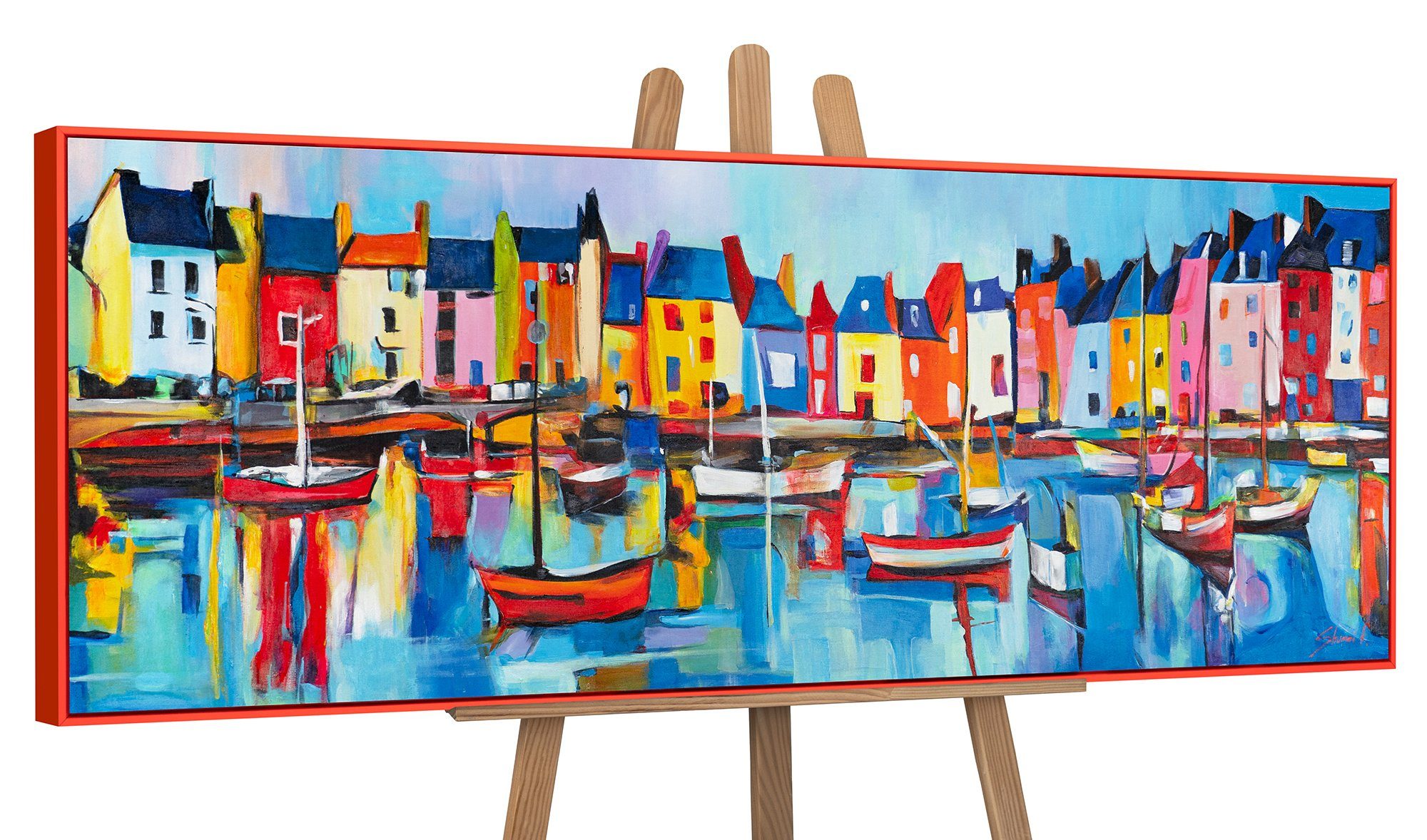 YS-Art Gemälde Lebhafter Hafen, Meer, Segelboote am See mit Häuserlandschaft, Wandbild gerahmt