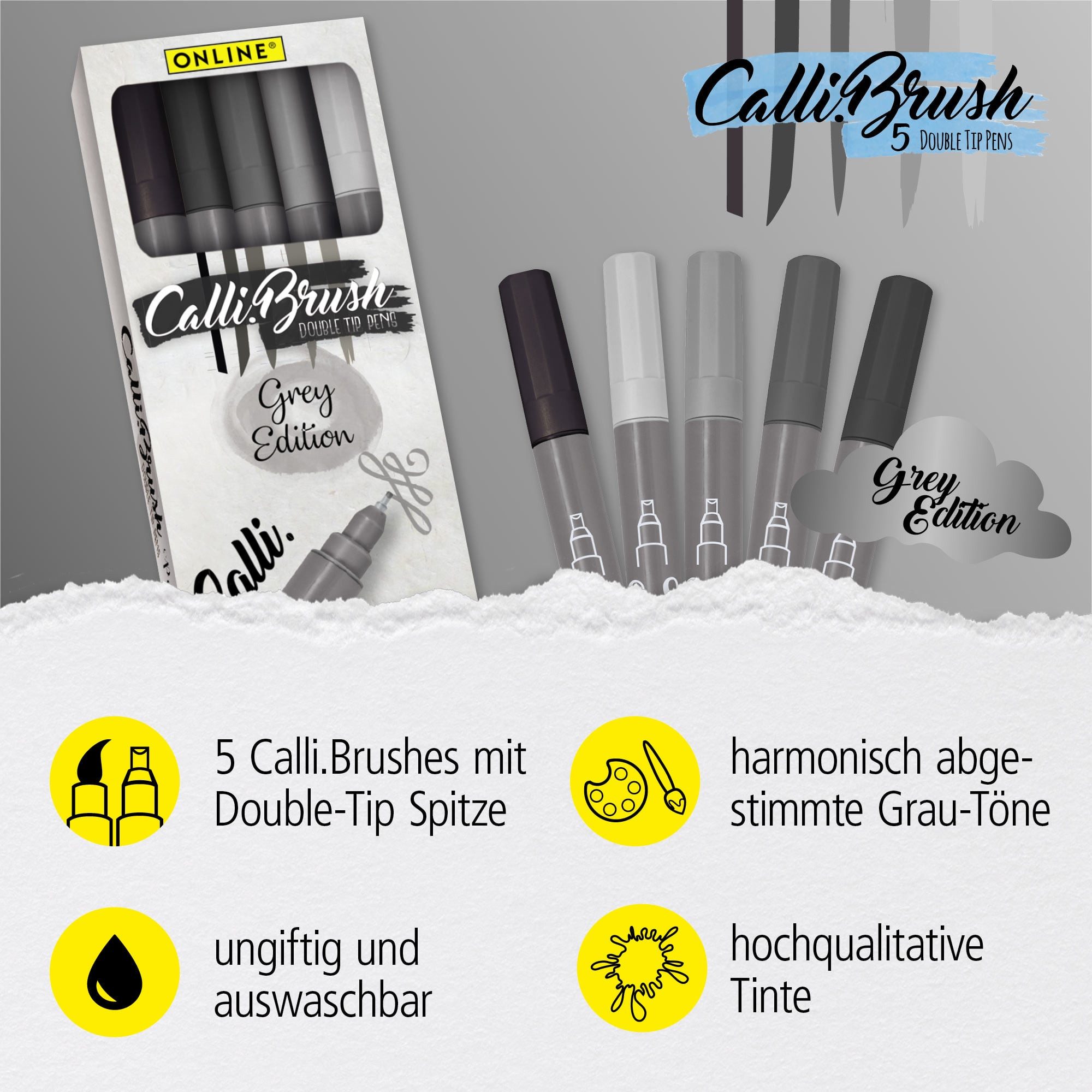 Online Pen Fineliner Calli.Brush, (flexible Pinsel- und feine Kalligrafie-Spitze), 5x Handlettering Stifte Set, bunte Brush Pens, verschiedene Spitzen