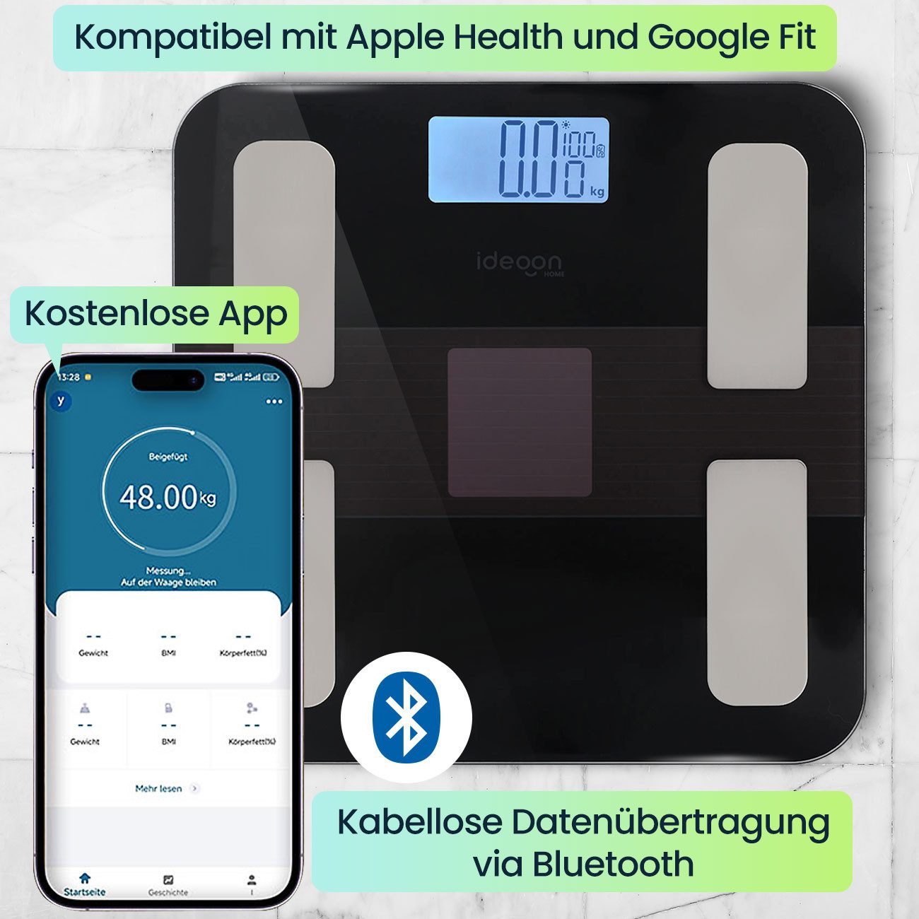 shop'n smile ideoon Körper-Analyse-Waage Körperanalyse-Waage bis 180kg Solar Akku Glas Körperfettwaage App, 4 Sensoren, LED, BMI/Fett/Wasser, App, Bluetooth, bi – Bild 5 von 5