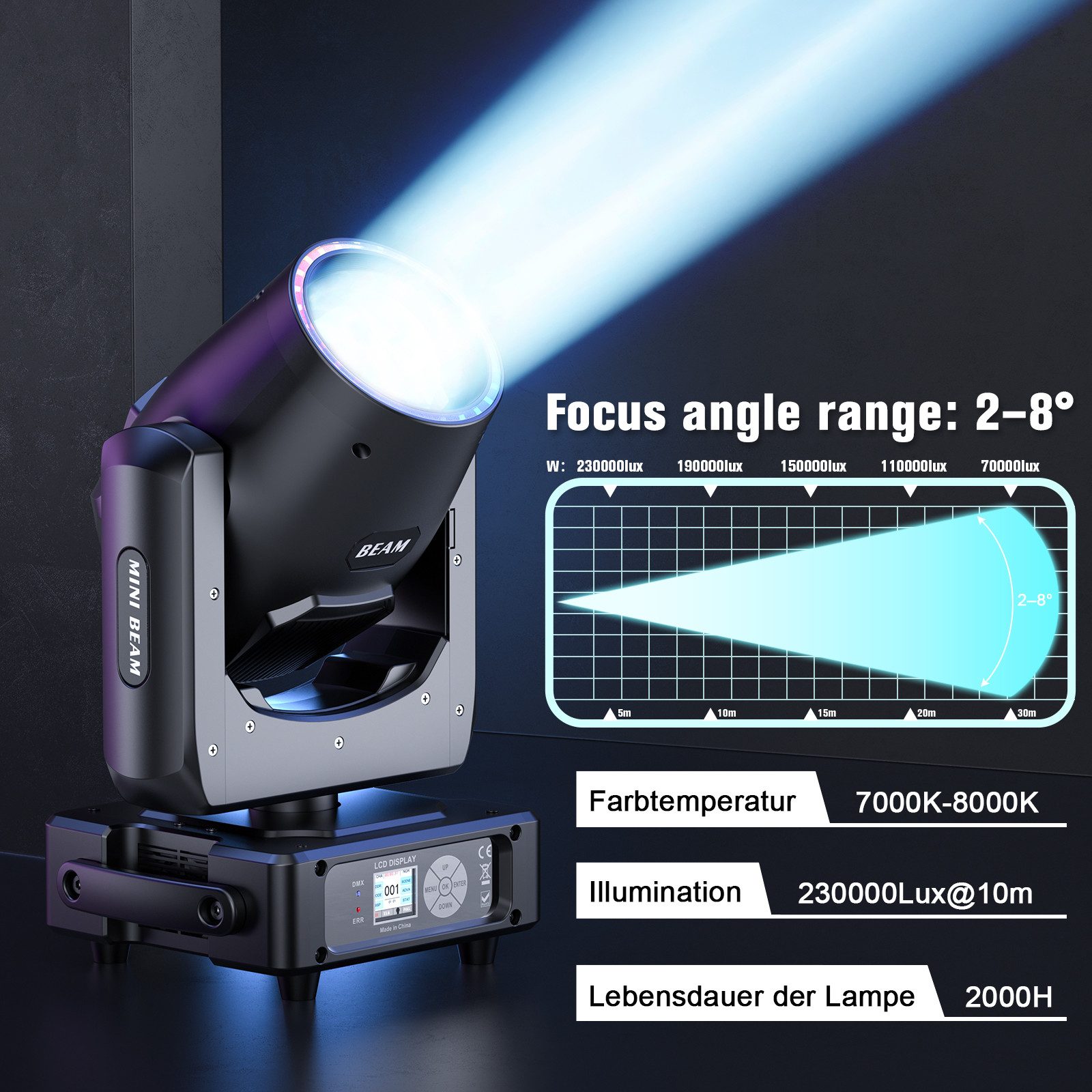 ZonQoonz Discolicht 230W LED Moving Head RGBW DMX soundaktiviert 14 Gobos für Bühne Party