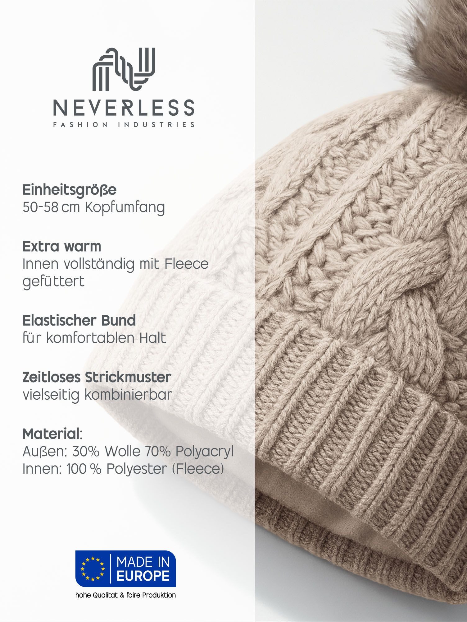 Neverless Bommelmütze Damen Strick-Mütze gefüttert Fell-Bommel Kunstfell Winter-Mütze