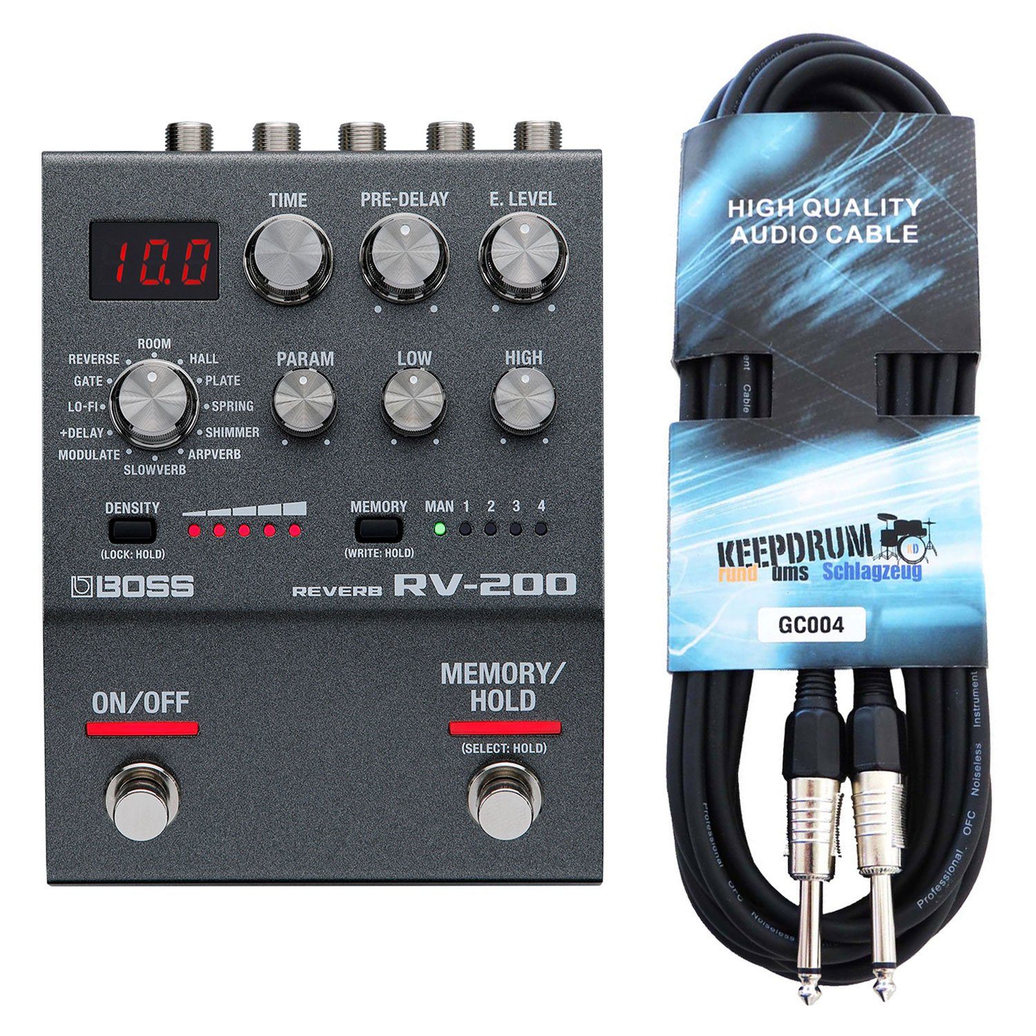 Boss by Roland Musikinstrumentenpedal Boss RV-200 Reverb Hall-Effektgerät mit Klinkenkabel, (Kreativ-Bundle, mit Klinkenkabel)