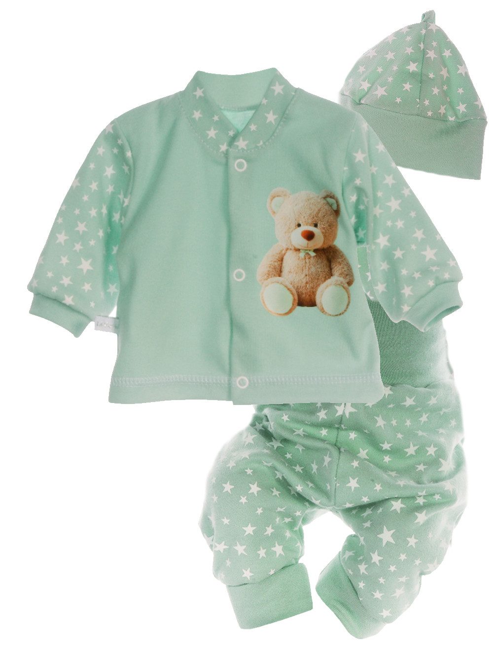 La Bortini Anzug 3-teilig Baby Set Hemdchen Mitwachshose Mütze für Neugeborene unisex (Garnitur für Neugeborene Jungen und Mädchen, Shirt Hose Mützchen Kombi 3-teilig)