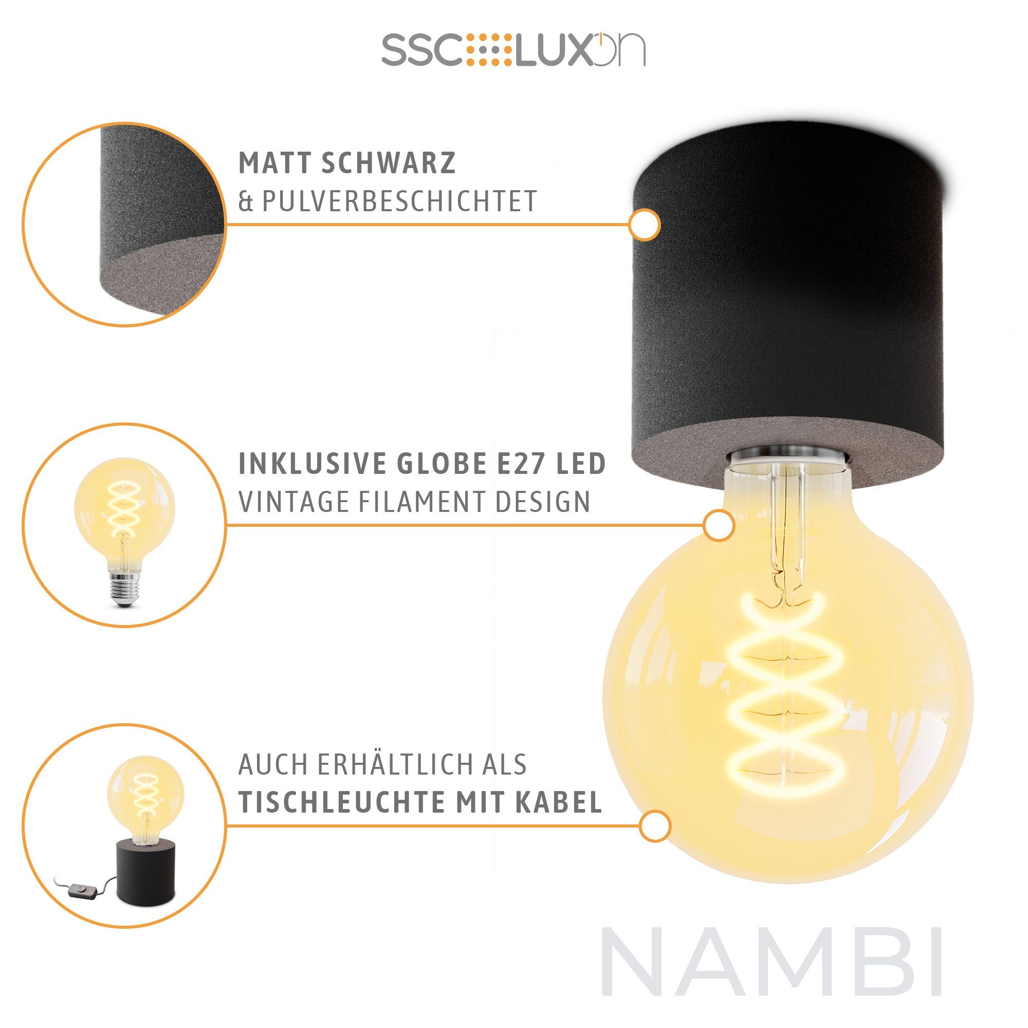 SSC-LUXon Aufbauleuchte NAMBI Decken Aufbaulampe schwarz dimmbar, mit Warmweiß Retro Globe E27 LED Extra