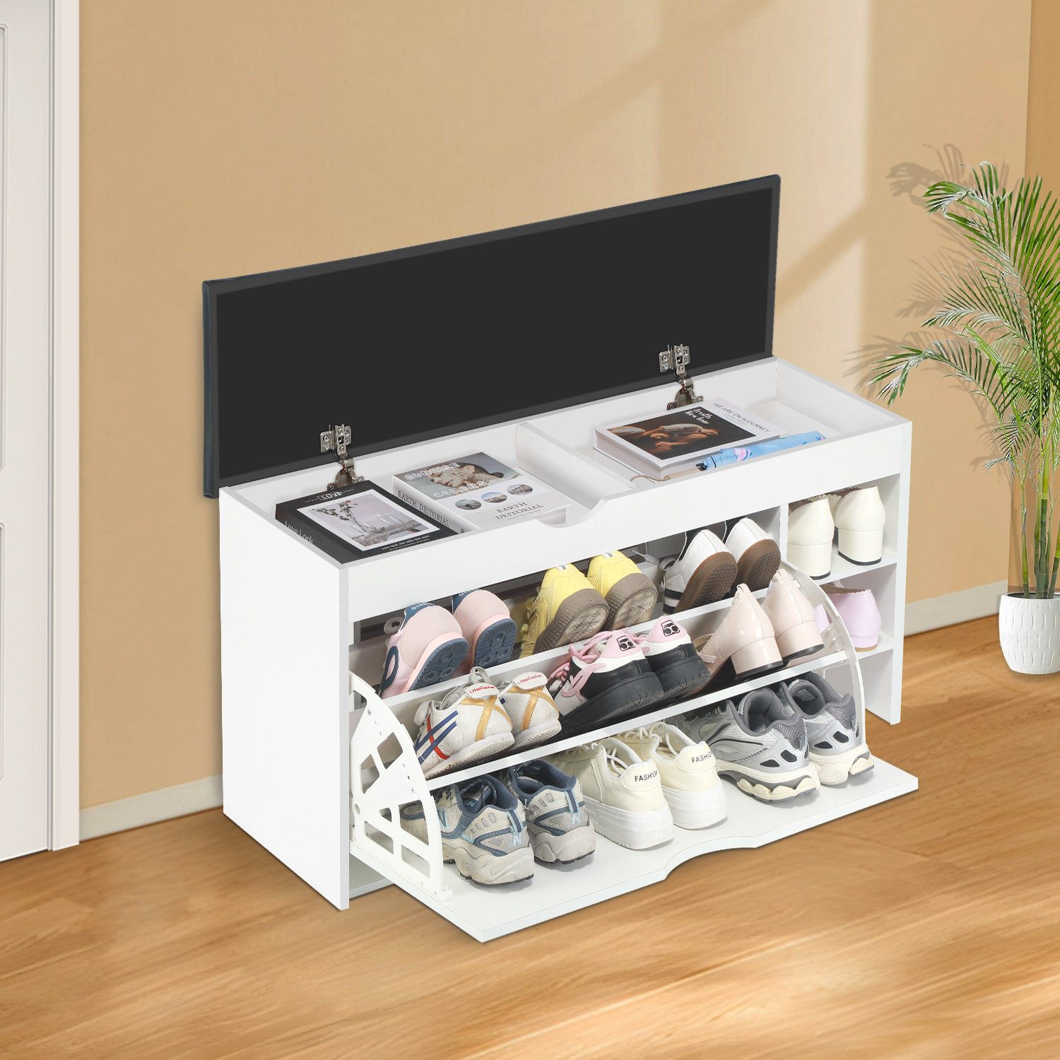 oyajia Schuhbank Sitzbank mit Stauraum, 2 offene Fächer, bis 140kg belastbar (1 Tür und 2 Fächer, mit Sitzkissen, Platz Hausschuhe, Lederschuhe, High Heels, Sportschuhe), Bietet Platz für 11 Paar Schuhe, 100 cm, Tragkraft 140 kg