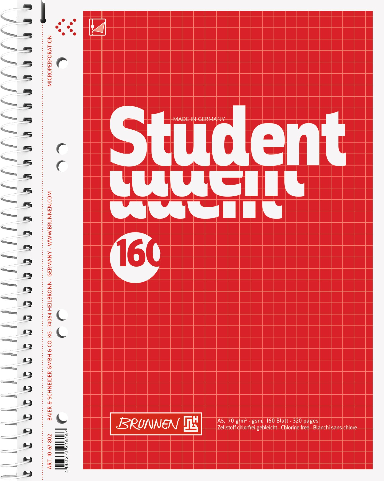 BRUNNEN Collegeblock BRUNNEN 1067802 Collegeblock Student A5 5 mm kariert Deckblatt: rot