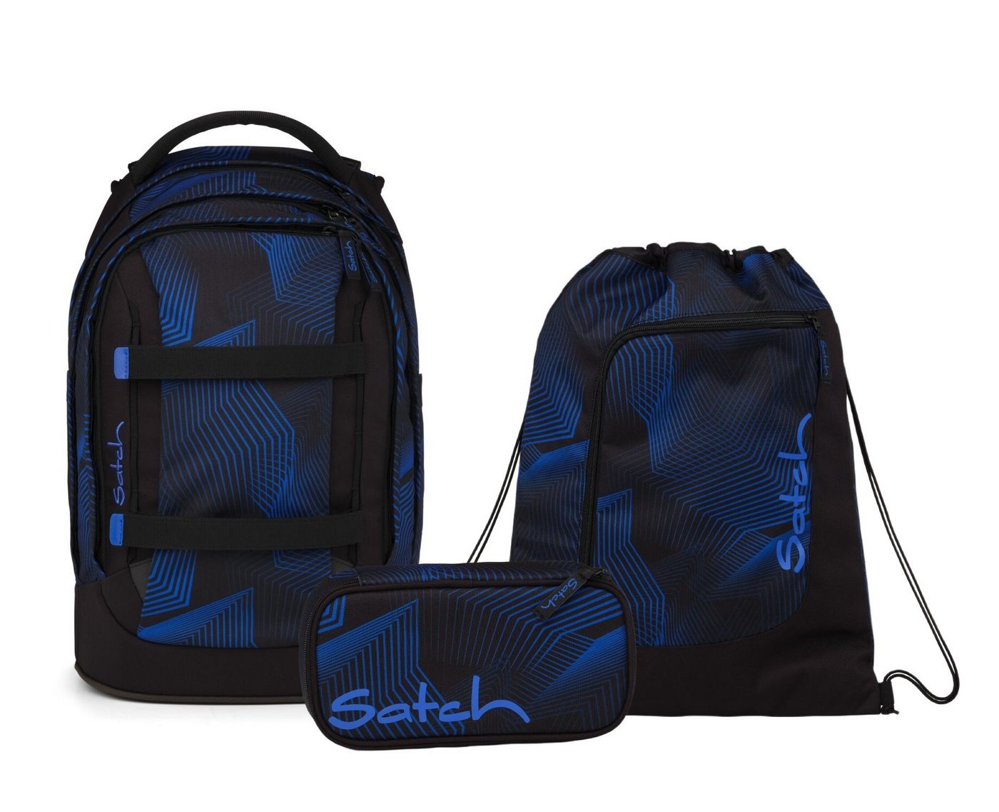 Satch Schulranzen Schulrucksack-Set PACK Seismic Blue 3-teilig (3-teilig), ergonomisch, Your-Size-System, 5 Fächer