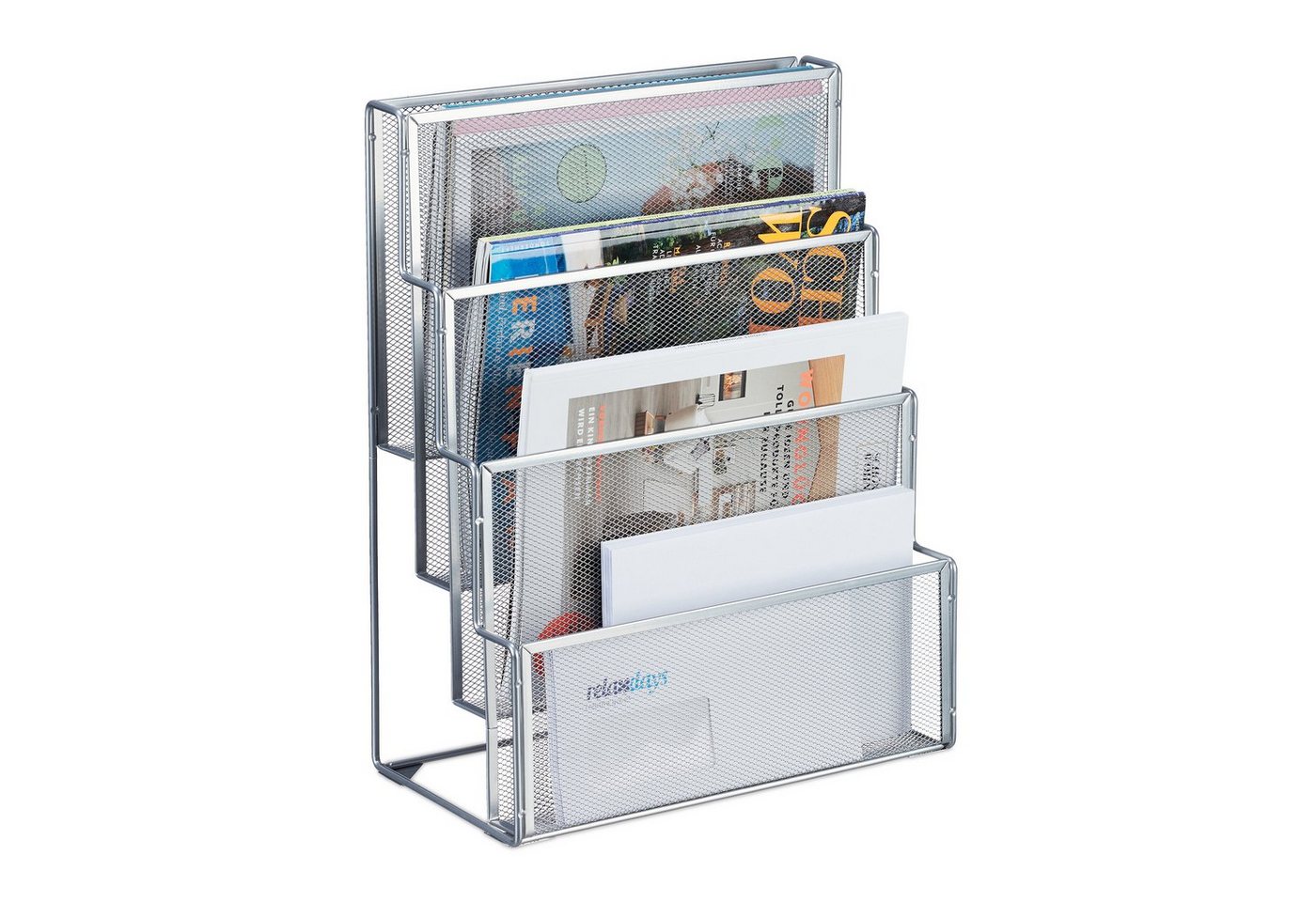 relaxdays Zeitungsständer Zeitschriftenhalter Metall 4 Fächer (1 St), silber