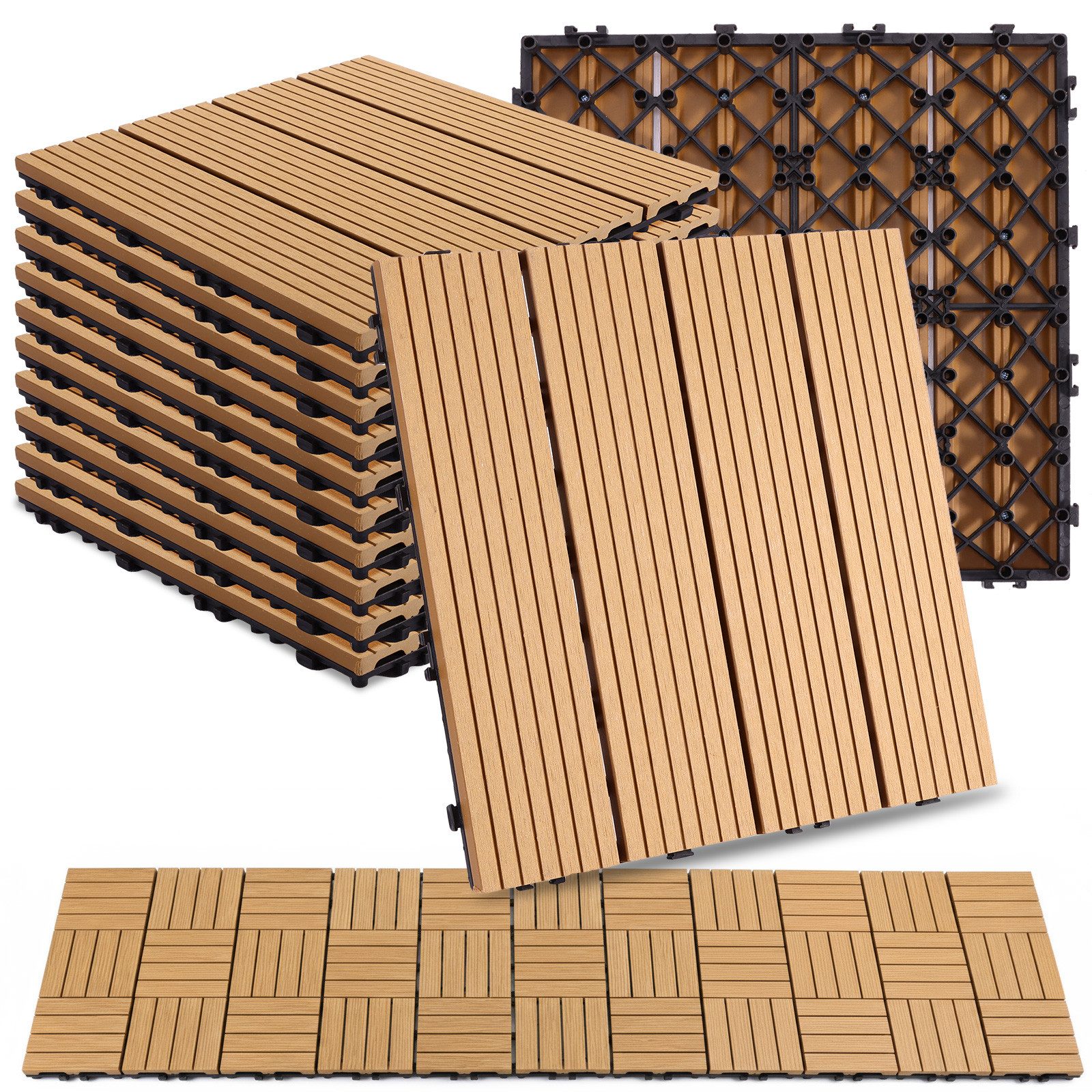 BlingBin Terrassendielen 30 x 30 cm PVC Bodenplatte, Terrassenfliesen für Außen Terrasse Balkon, 1 m², BxL: je 30x30 cm, 20 mm Stärke, (1er Set, 11-St., 11-teilige WPC Terrassenfliese), Mit Drainage und Klicksystem