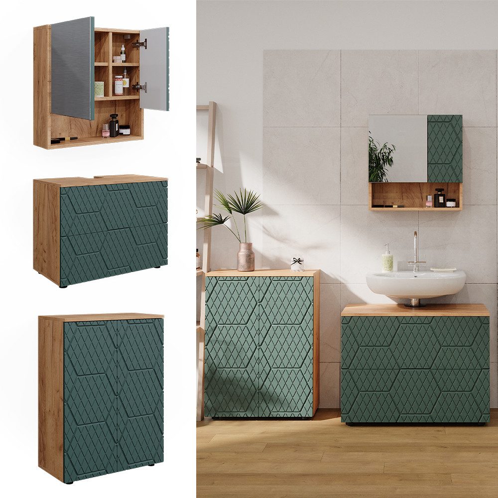 Vicco Badmöbel-Set Irma, Goldkraft Eiche/Grün, 3 günstig online kaufen