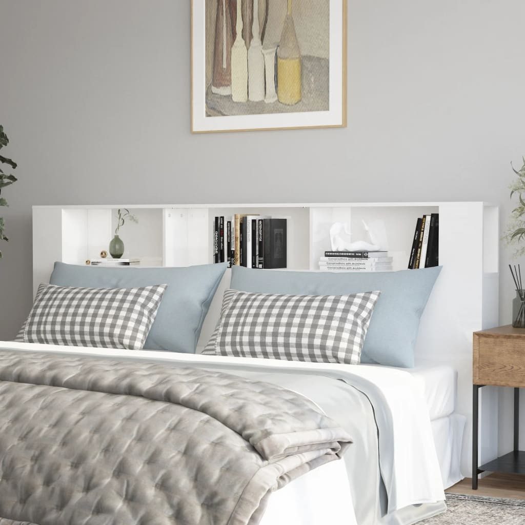 furnicato Bettgestell Kopfteil-Regal 220 x 18,5 x 104,5 cm Hochglanz-Weiß aus Holzwerkstoff (1-tlg), Stabiles Bett-Regal mit drei offenen Fächern für das Schlafzimmer