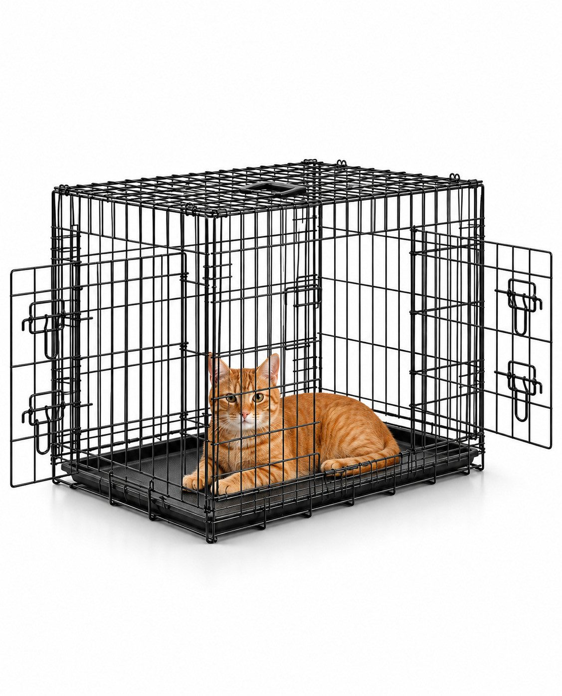 lionto Tiertransportbox für Katzen, stabil aus Metall mit Kunststoffbodenwanne, 92x58x64 cm, hygienisch mit Trennwand & Sicherheitsverriegelung