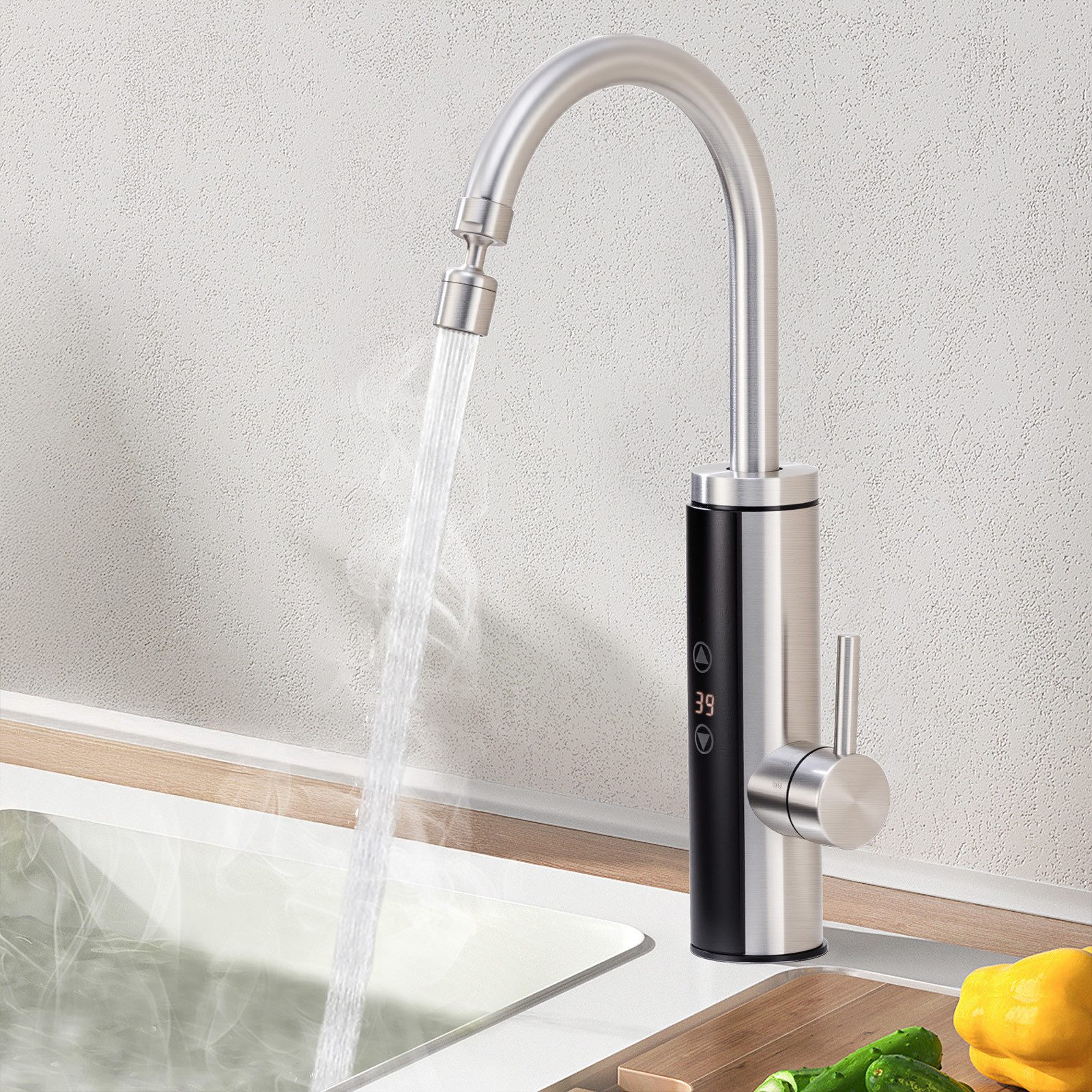 DESFAU Küchenarmatur mit Durchlauferhitzer, Wasserhahn 360° drehbar,3-Stufen Touchregelung spültischarmatur küche,Elektrische Durchlauferhitzer,Gebürstet