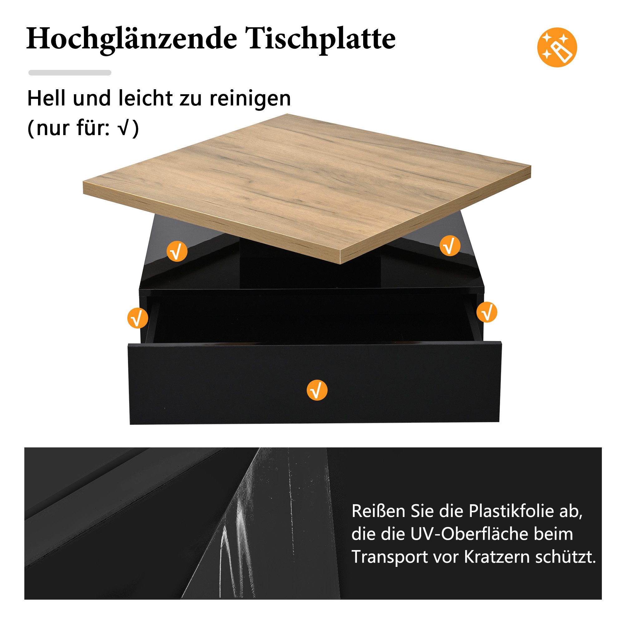 Merax Couchtisch mit versteckten Schubladen und 360° schwenkbarer Arbeitsfläche (Wohnzimmer, Kaffeetisch, 70x70x36cm), hochglänzend Beistelltisch mit geometrisc – Bild 4 von 5