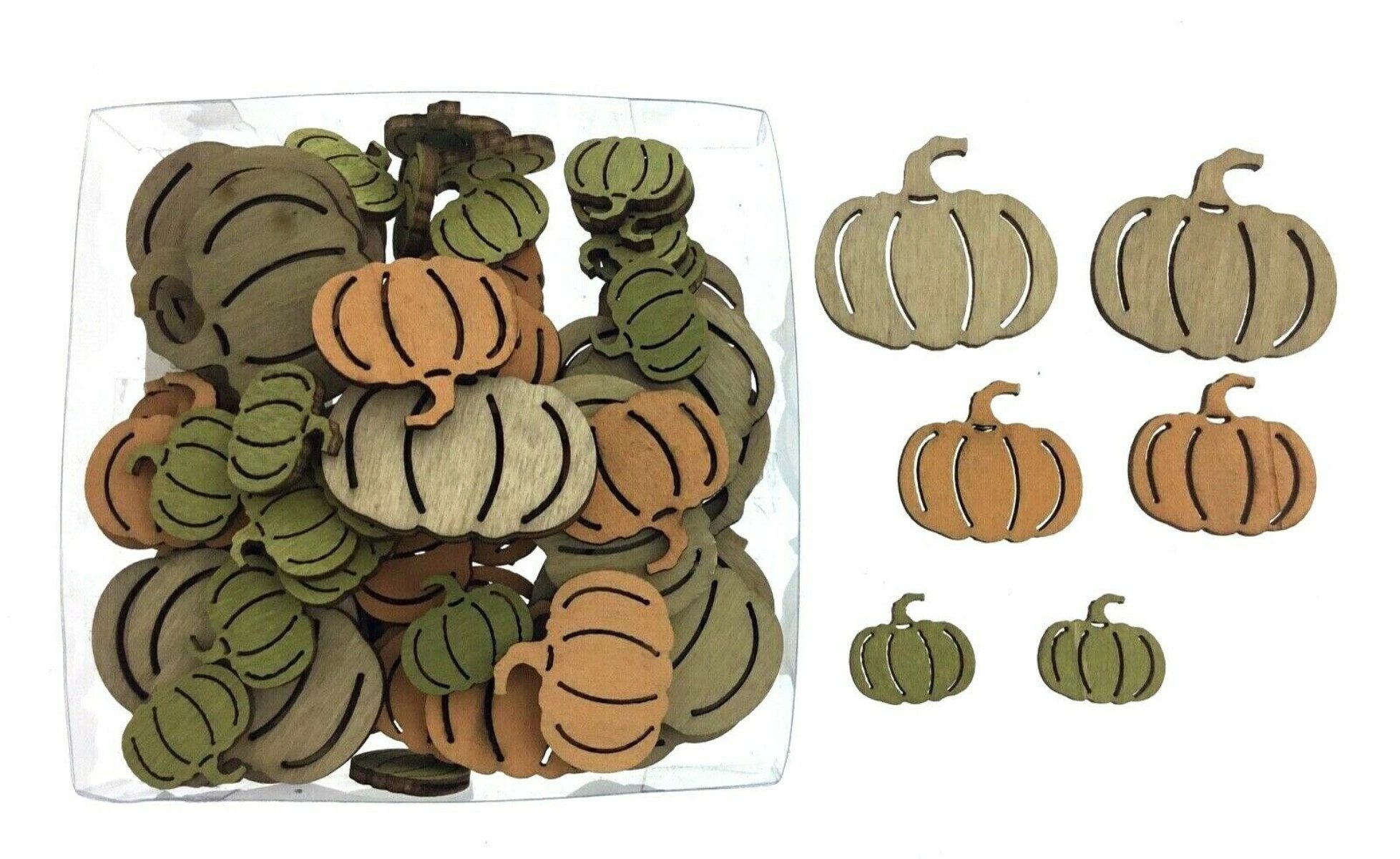 finehomegarden Streudeko Kürbis Streu Holz Box/72 Stck. grün/natur/orange Herbst Tischdeko, (Packung 72-tlg), Herbstdeko sortiert