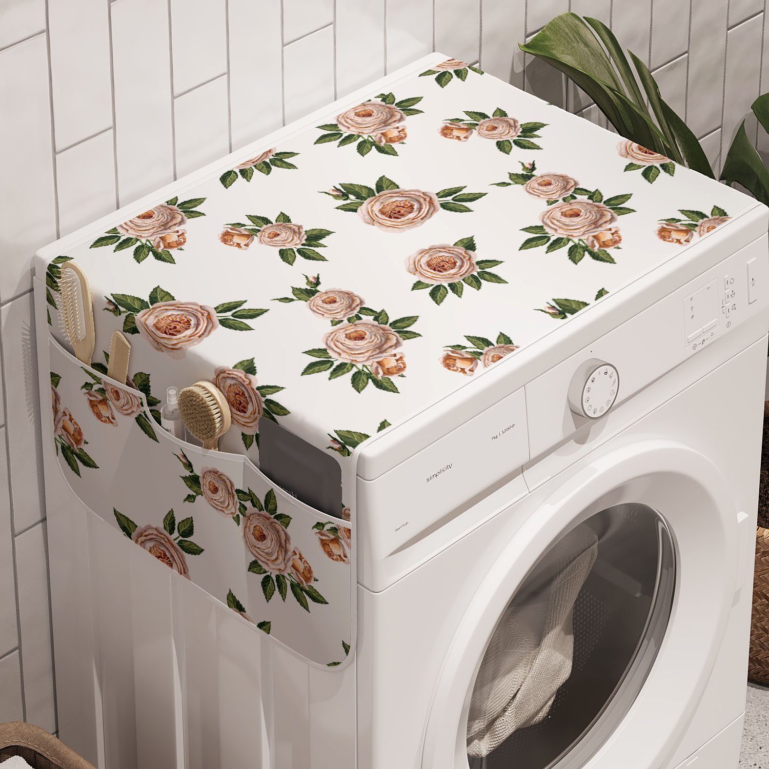 Abakuhaus Badorganizer Anti-Rutsch-Stoffabdeckung für Waschmaschine und Trockner, Vintage Rose Repetitive Blumen-Kunst