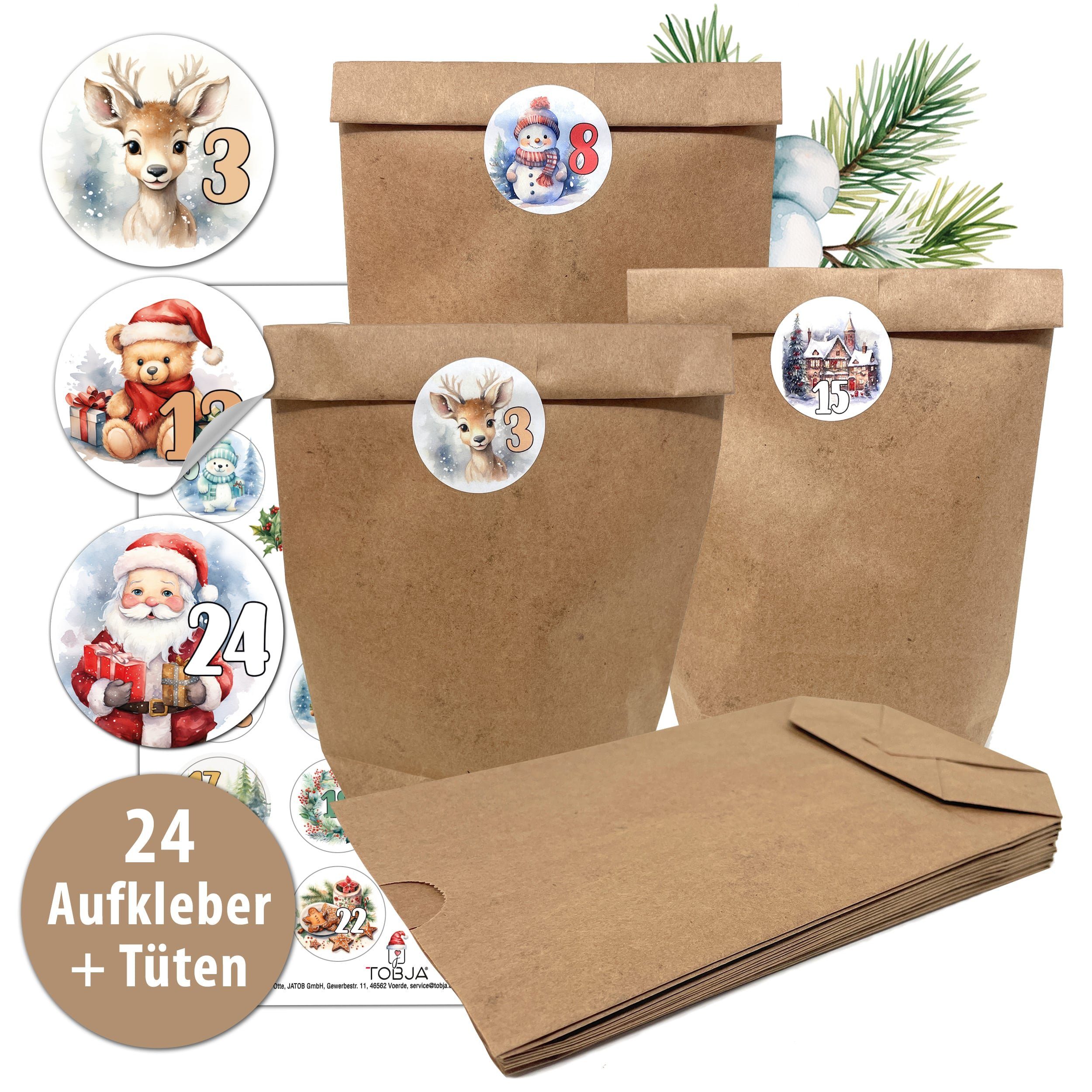 TOBJA Adventskalender Adventskalender DIY zum befüllen, 24 Kartpapier Tüten + Aufkleber, Weihnachskalender basteln