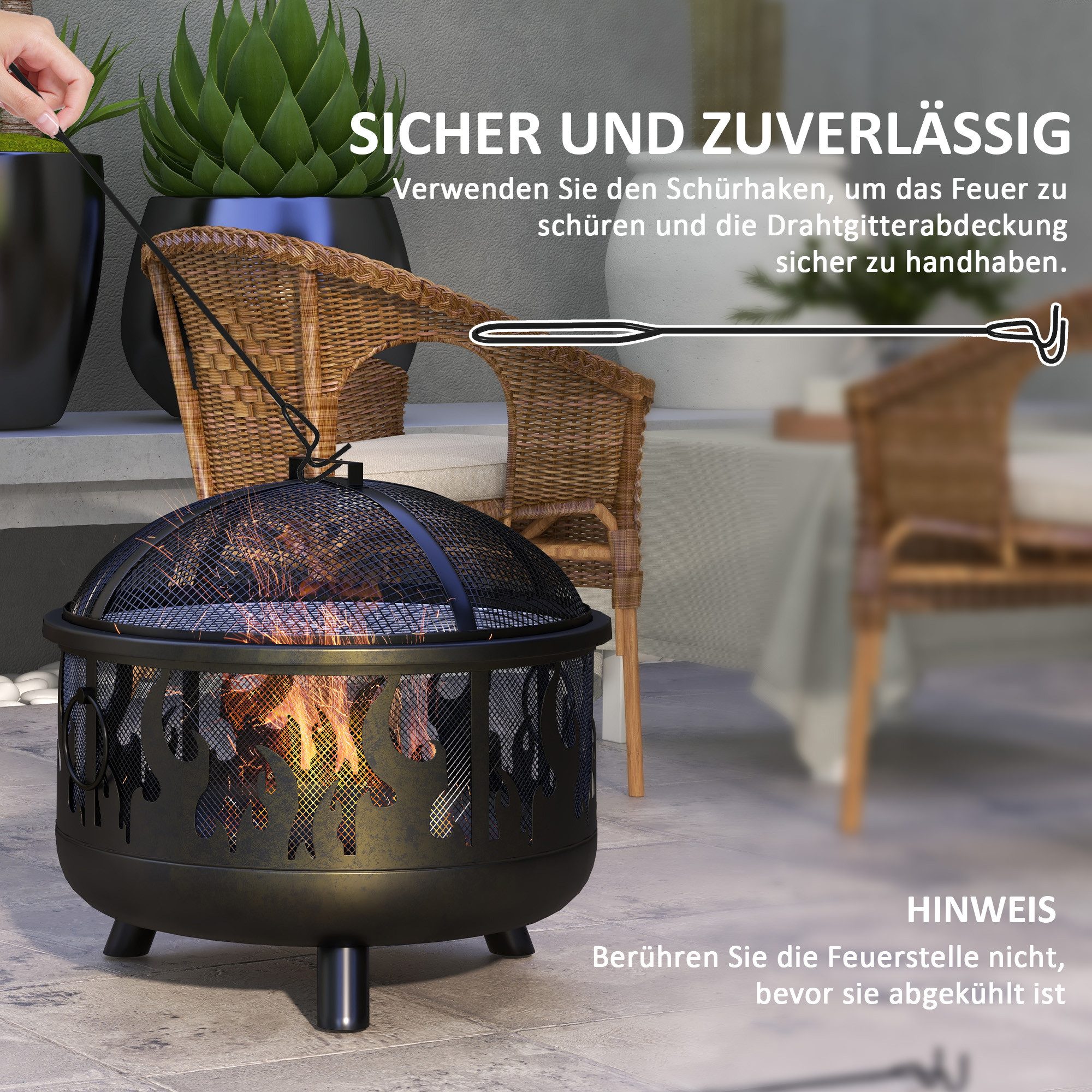 Outsunny Feuerschale Grillrost Feuerschalen für Balkon Terrasse Camping, (Feuerkorb, 1-St., Feuerstelle), für Garten BBQ Metall Schwarz Ø61 x 55 cm – Bild 5 von 5