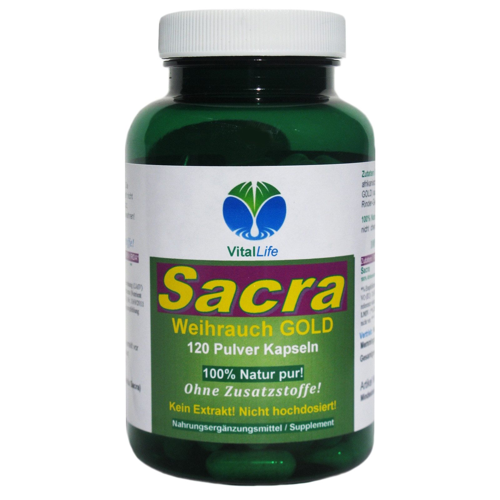 VitalLife Weihrauch Boswellia Sacra Gold – Reines Olibanum Harz Ohne Zusätze Kapseln, 1 er Dose à 120 St., 54 g, Art. 26386-120