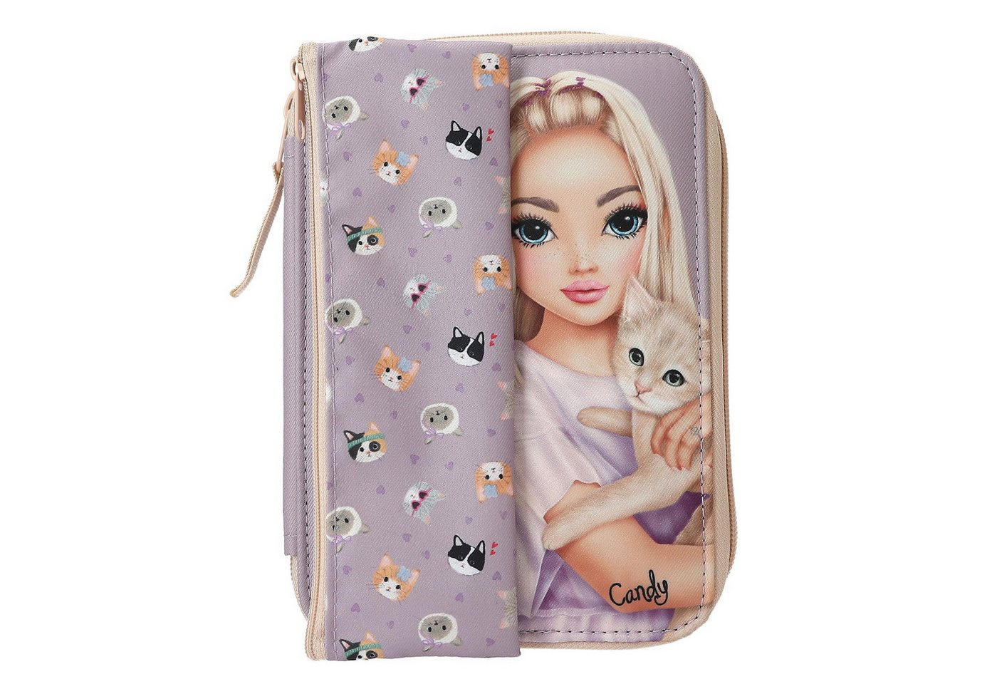 Depesche Federmäppchen Gefüllte Federtasche in Lila mit Model Motiv und Katzen Muster, Inkl. Schlampermappe, Buntstifte, Schere UVM.