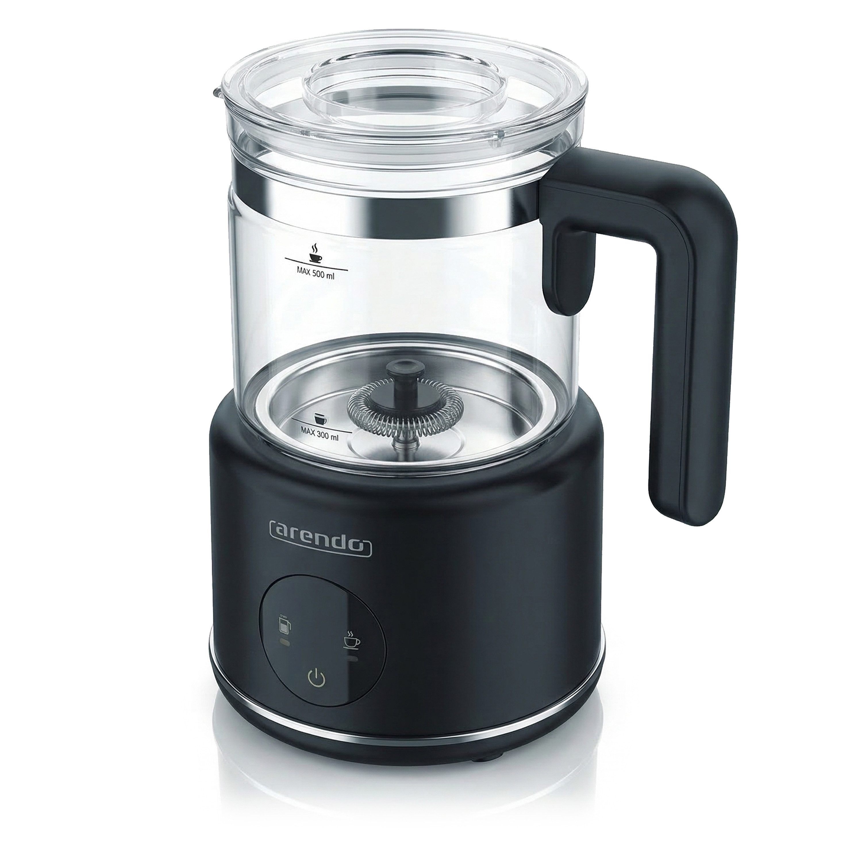Arendo Milchaufschäumer mit 500 ml Glas Behälter, elektrisch, für heißen & kalten Milchschaum, 600 W, 2 Einsätze, für Cappuccino Latte Macchiato heiße Schokolade uvm.