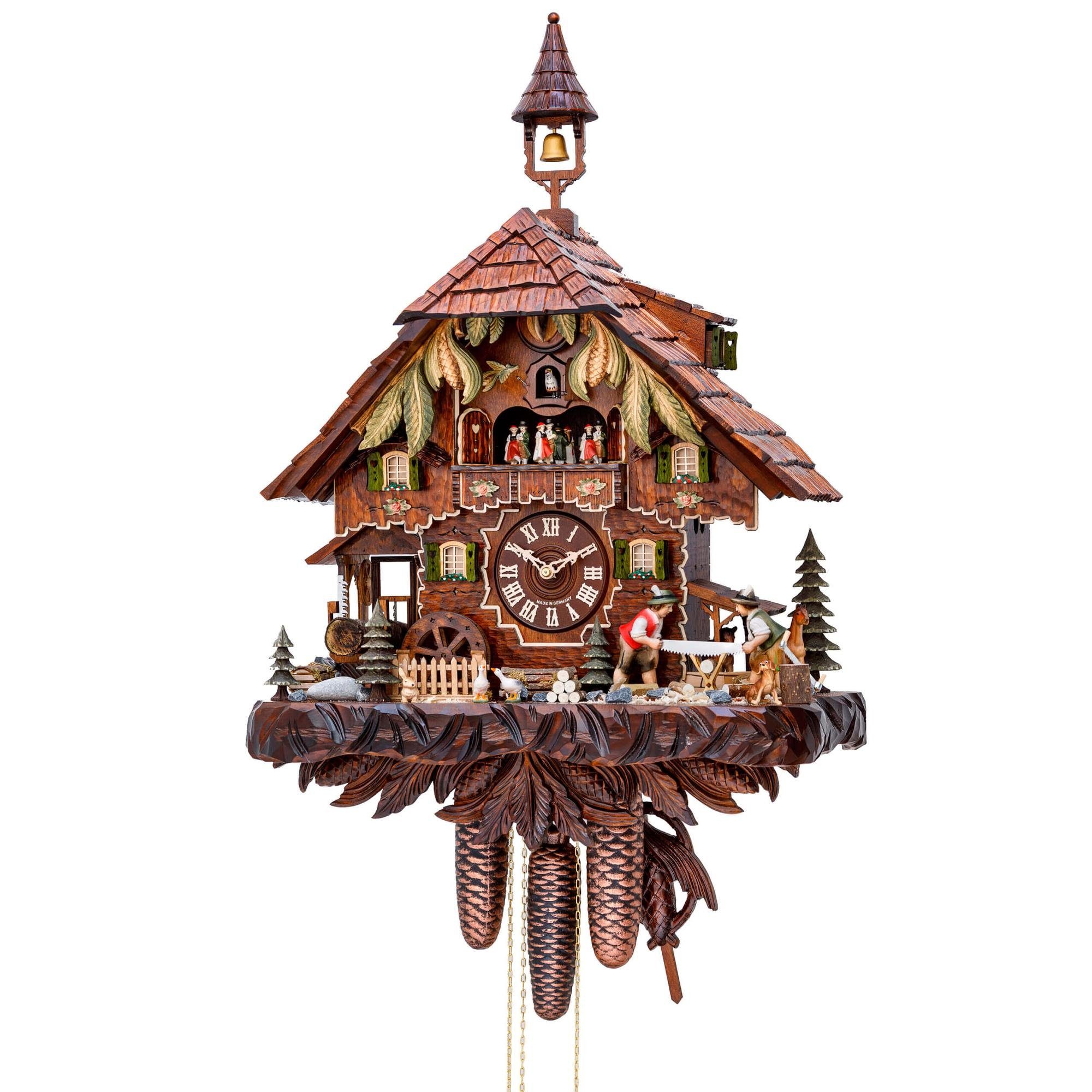 Cuco Clock Pendelwanduhr Kuckucksuhr Schwarzwalduhr "Sägewerk" Wanduhr aus Holz (30 x 48 x 52cm (LxBxH), 8 - Tage Werk, automatische Nachtabschaltung)